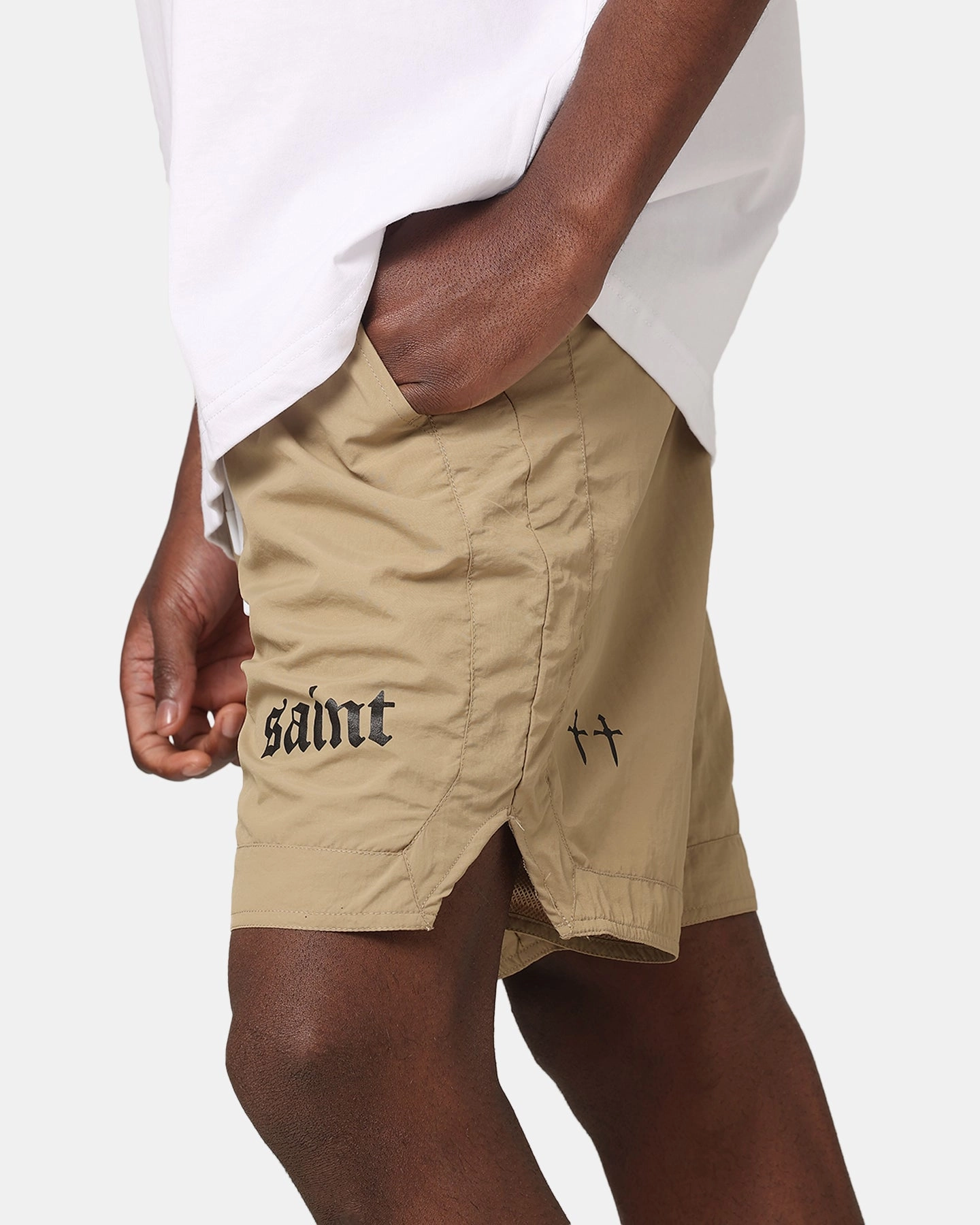 Saint Morta Gothic Nylon Shorts Tan No Slip Waistband Cooling Mesh Lining