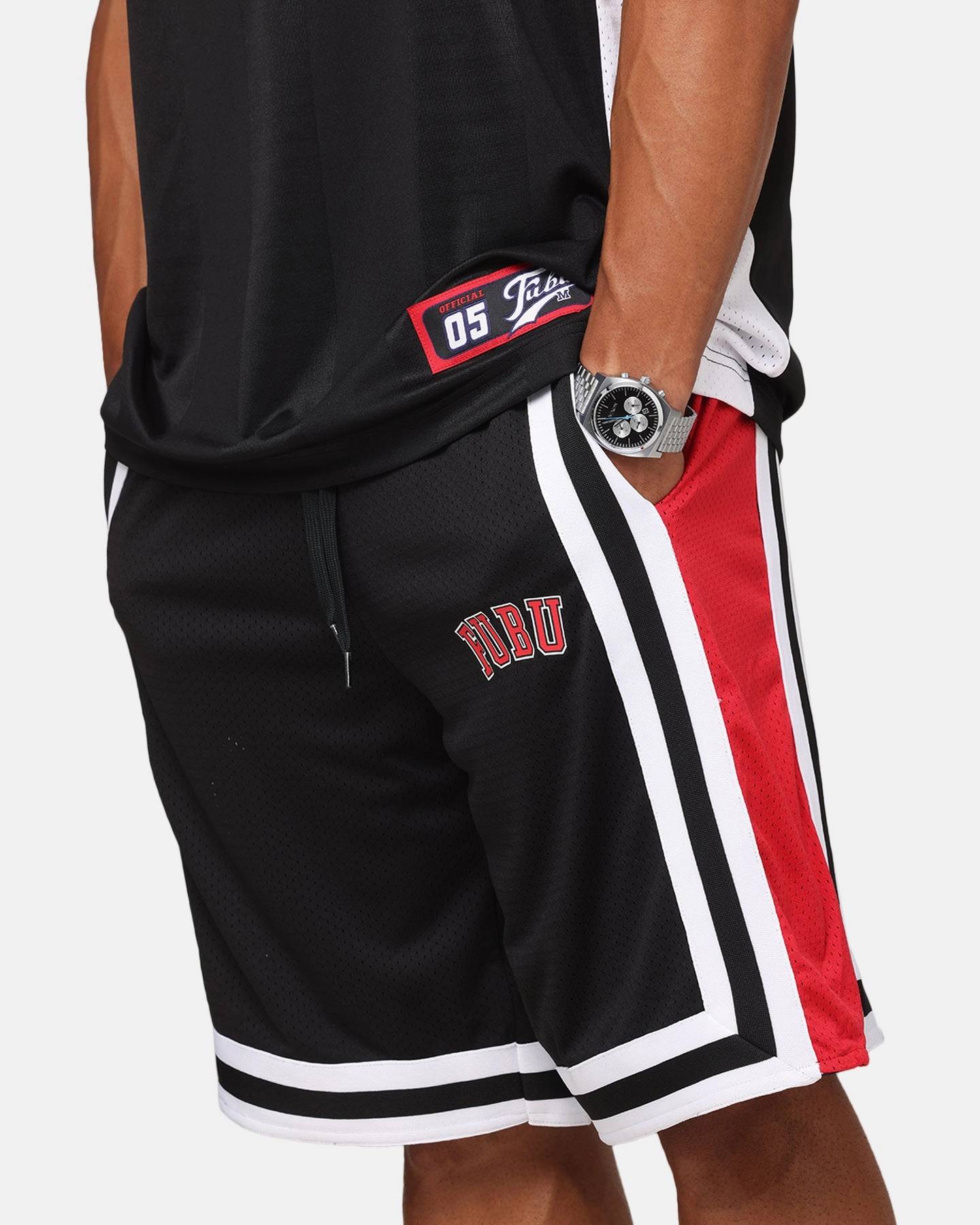 Fubu College Mesh Shorts Black/Red/White Colorfast Treatment