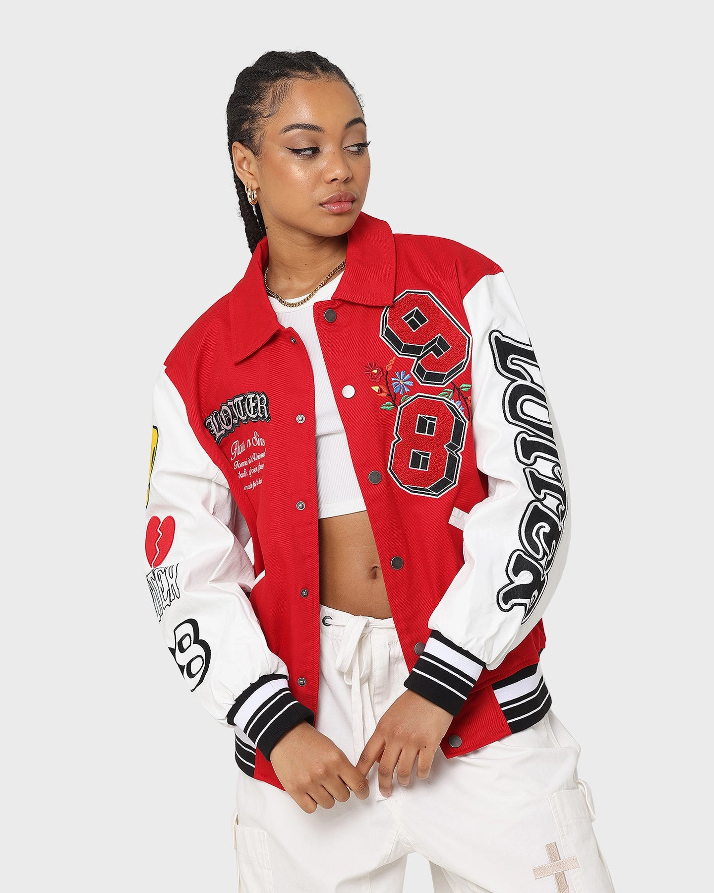 MultiPocketDesign Loiter Flaws Varsity Jacket Red/Off White