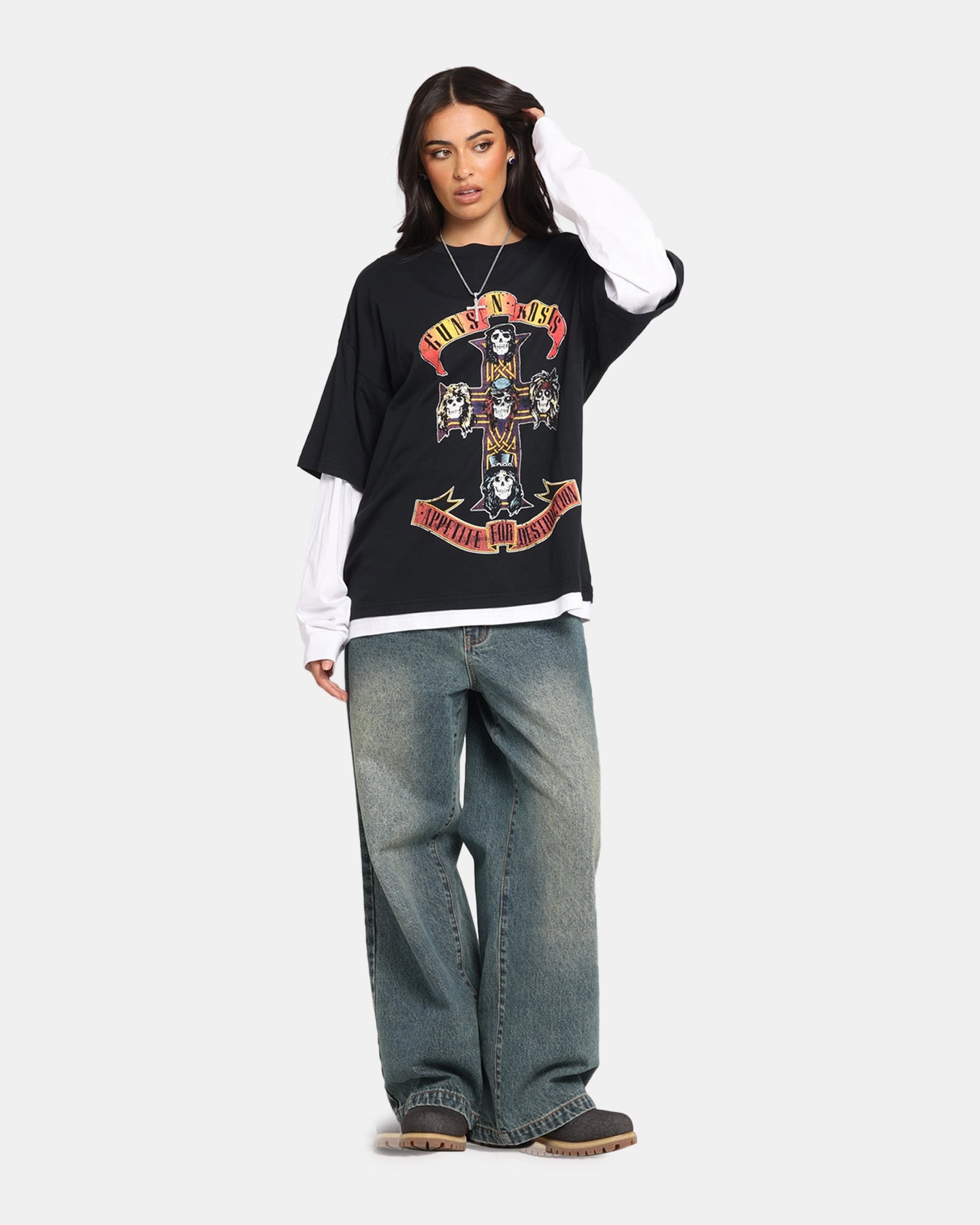 G N Roses Roses Layered Long Sleeve T-Shirt Black Wash Durable Knit Structure Timeless Top