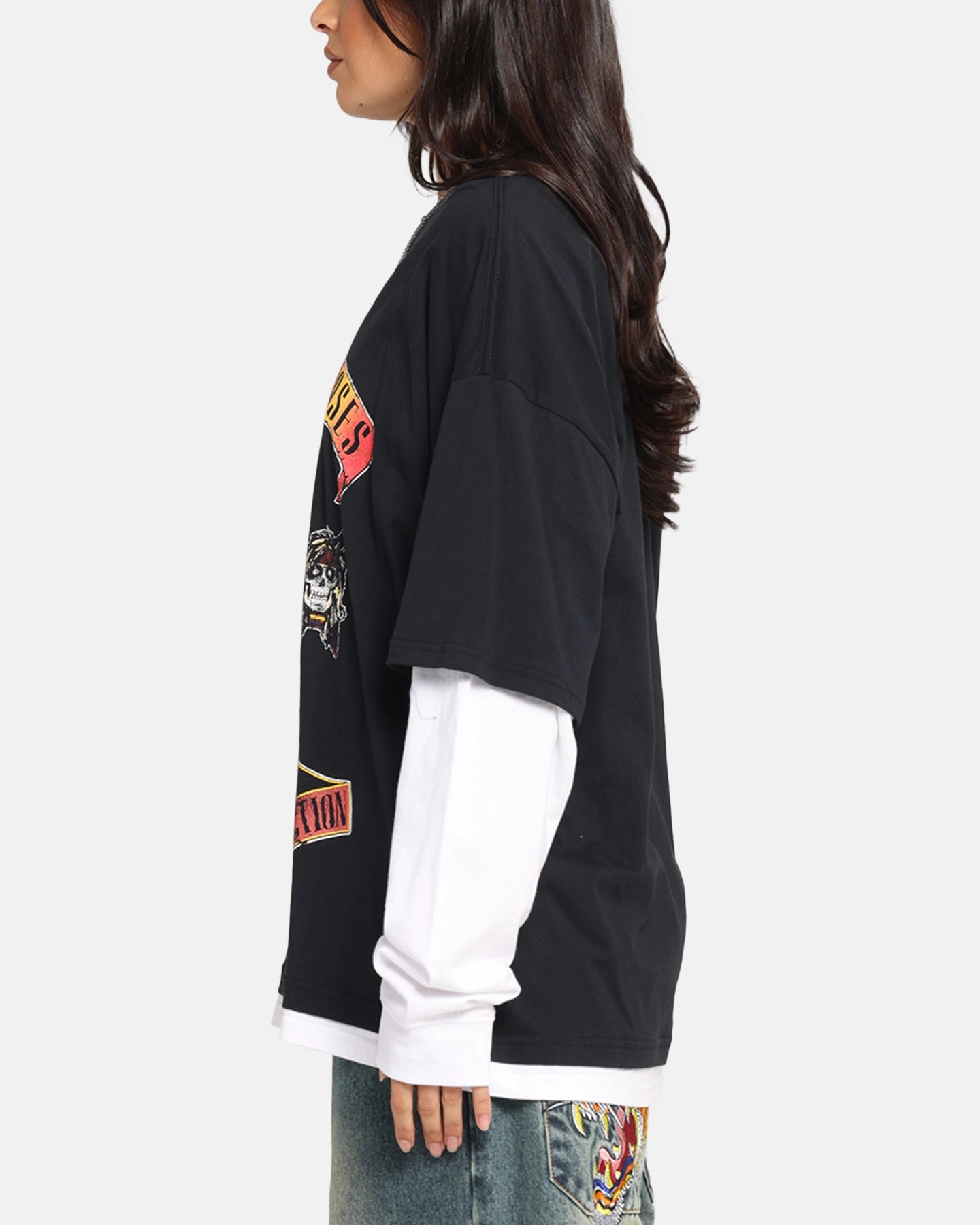 G N Roses Roses Layered Long Sleeve T-Shirt Black Wash Chilly Comfort Wear