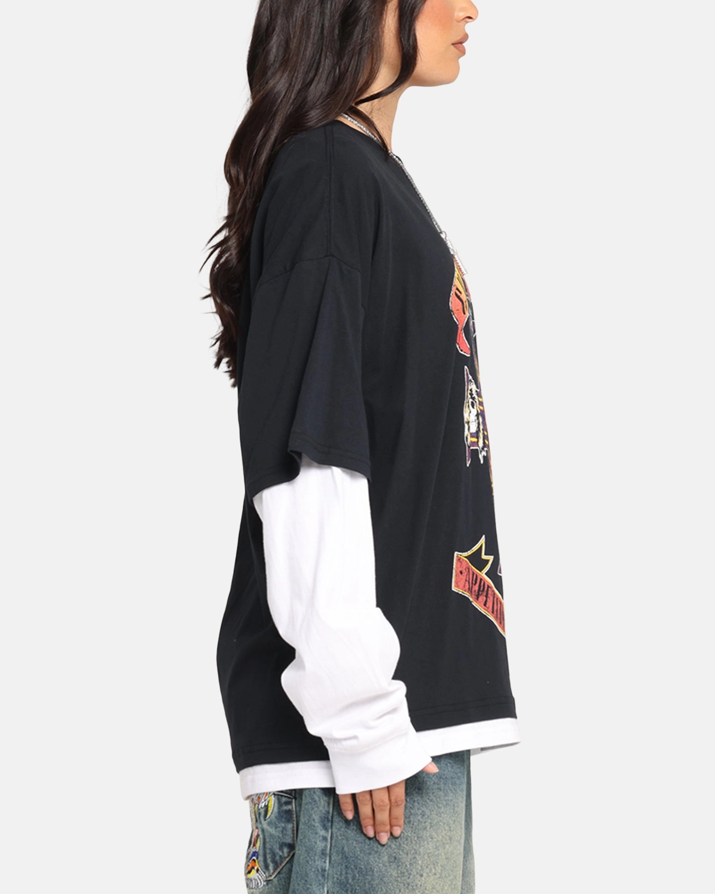 Sleep Cozy Wardrobe G N Roses Roses Layered Long Sleeve T-Shirt Black Wash