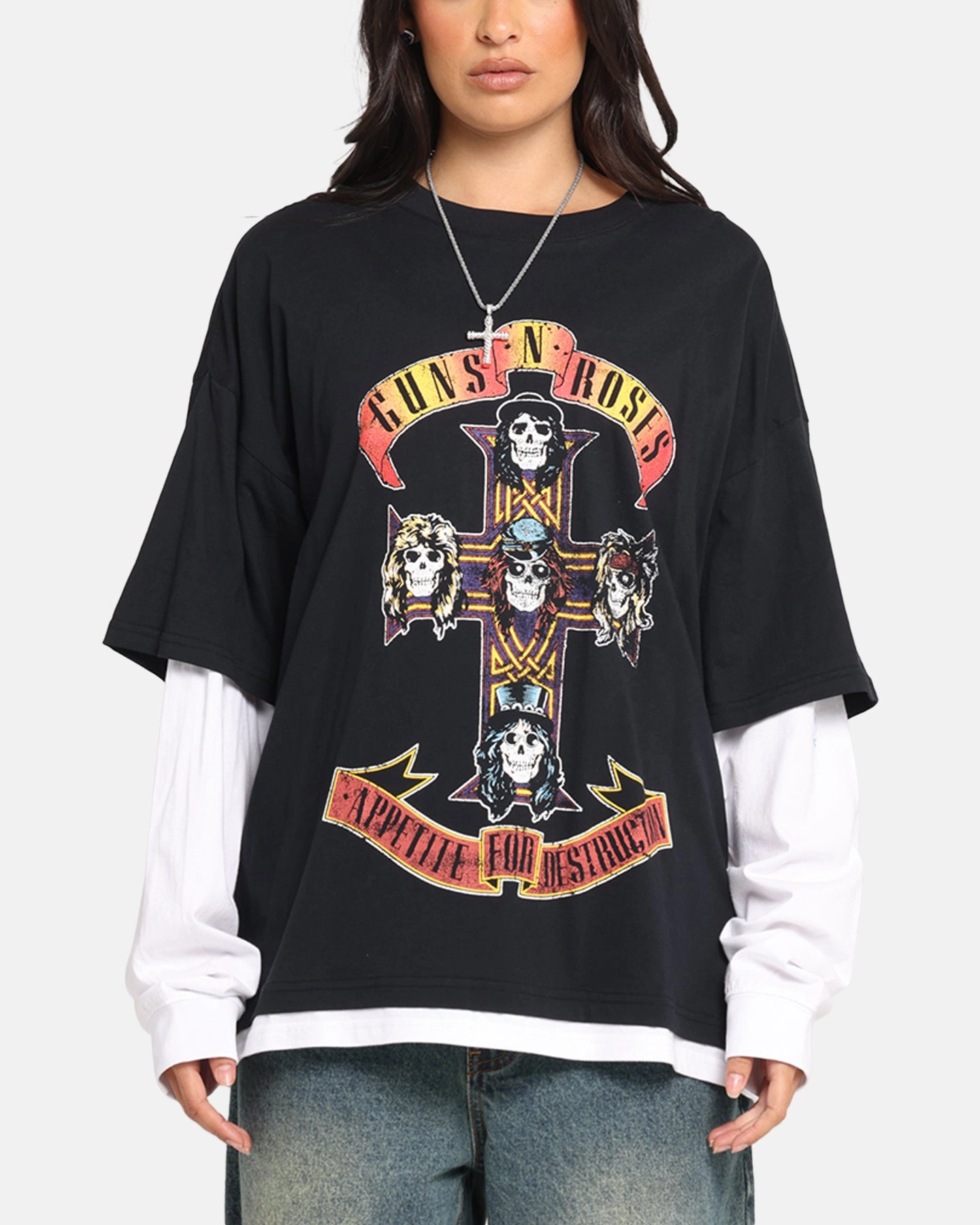 Cozy and Comfortable Lightweight Material G N Roses Roses Layered Long Sleeve T-Shirt Black Wash