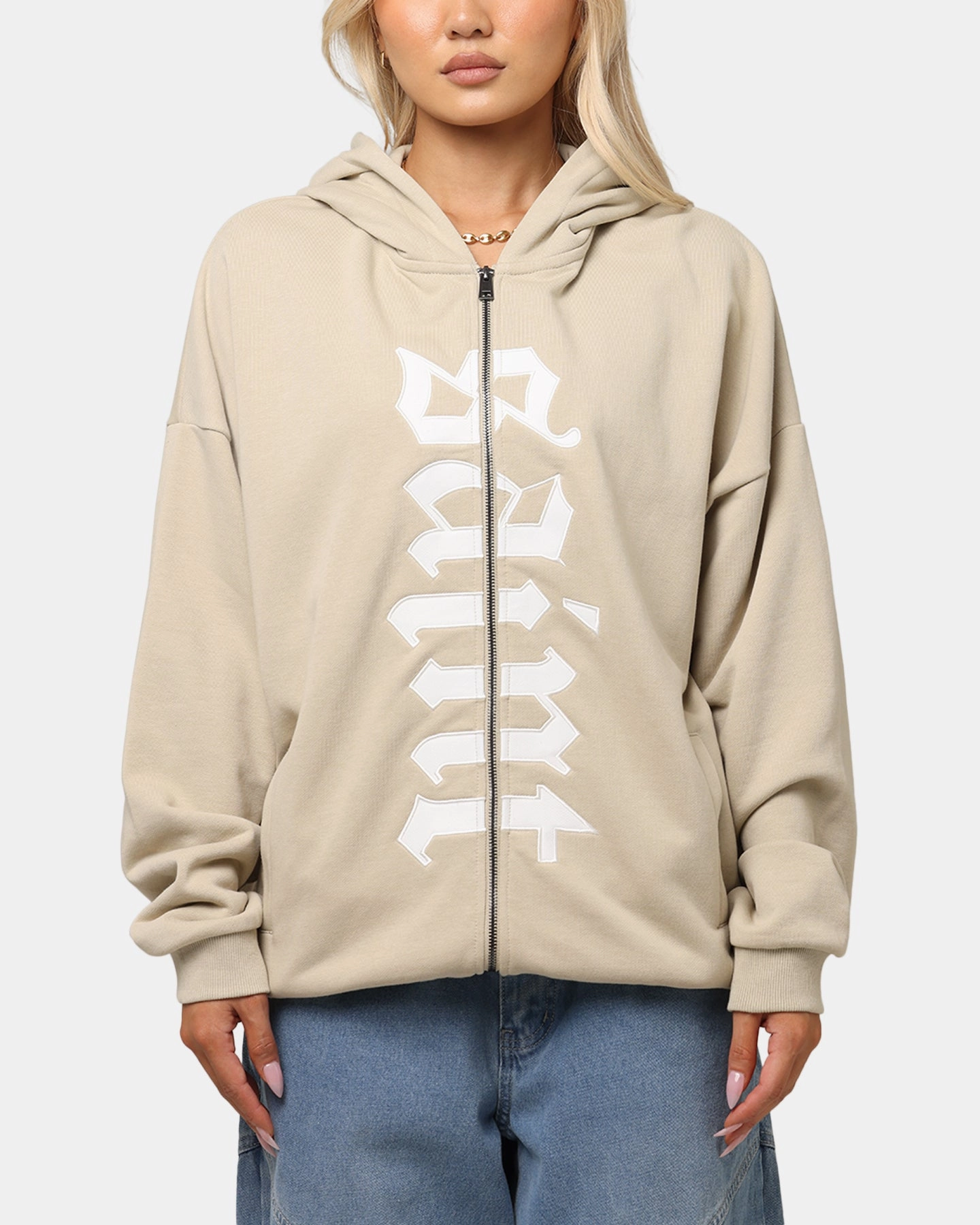 Saint Morta Gothic Distressed Zip Hoodie Stone sophisticated appearance