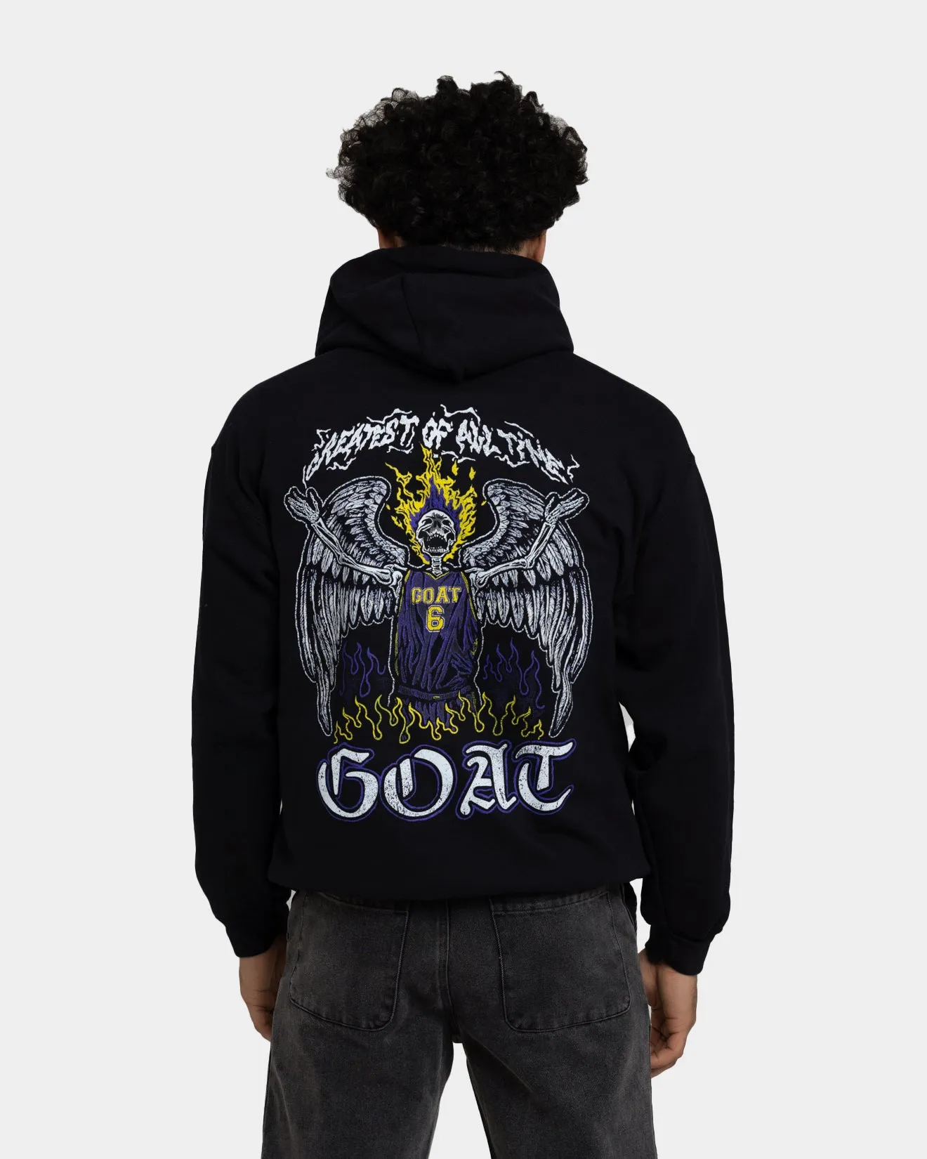 Loop Fastened Hood Simple Layer Goat Crew King Skeleton Hoodie Black