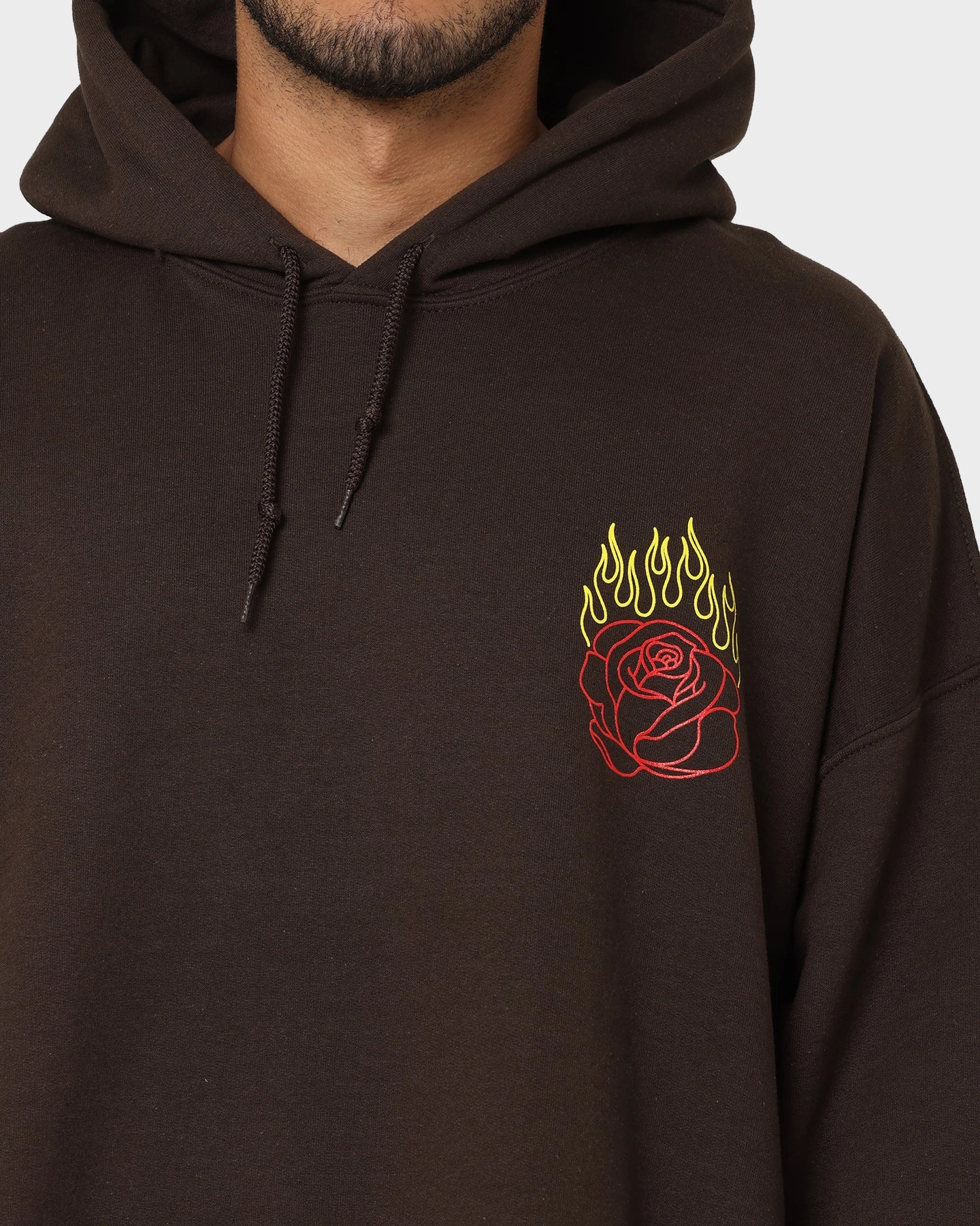 Foldable Collar Design Goat Crew Fire Rose Hoodie Brown