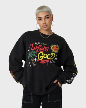 Goat Crew Life Is Good Vintage Crewneck Black Casual Comfort Fit Sleek Layer
