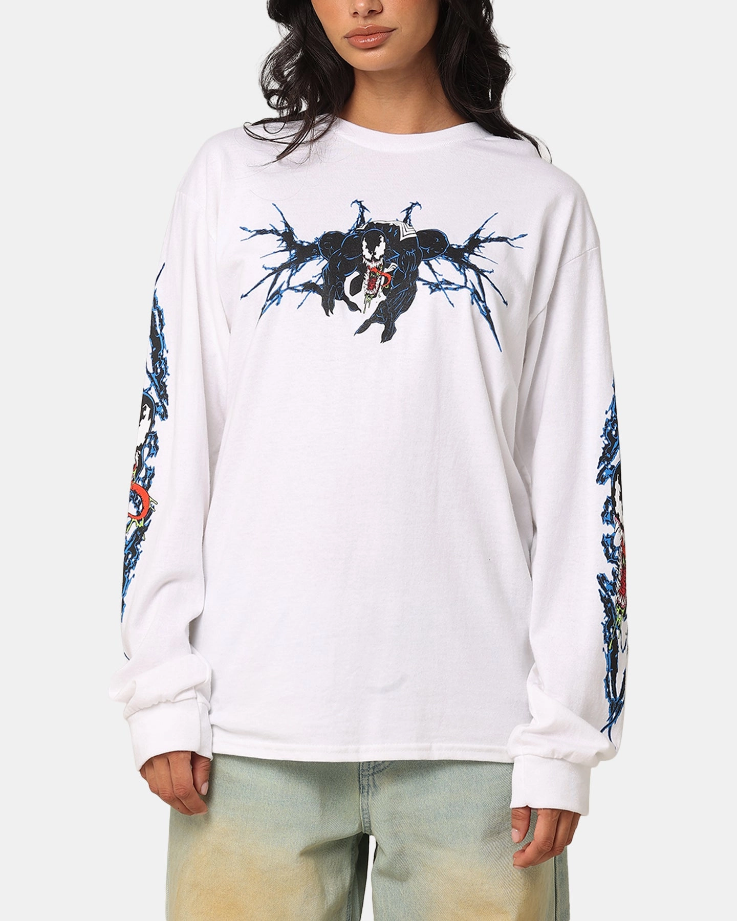 Simple and Relaxed Goat Crew Marvel Spider-Man Y2K Venom Long Sleeve T-Shirt White