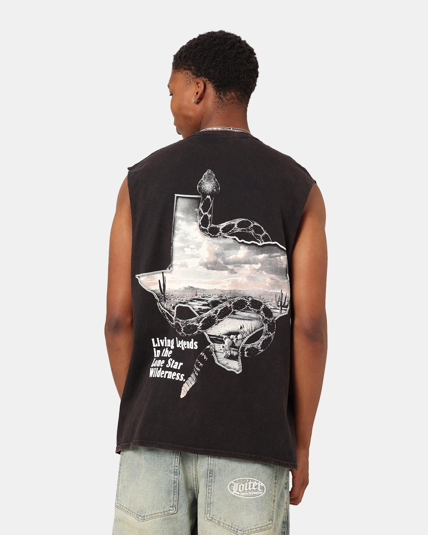 Water Based Ink Print Goat Crew Texas Vintage Muscle T-Shirt Black Wash