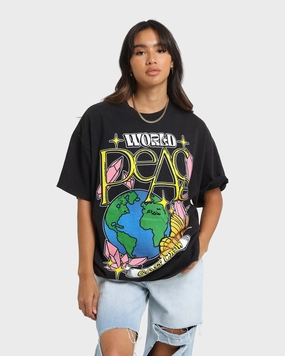 Anti Pilling Fabric Goat Crew World Peace Vintage T-Shirt Black Wash