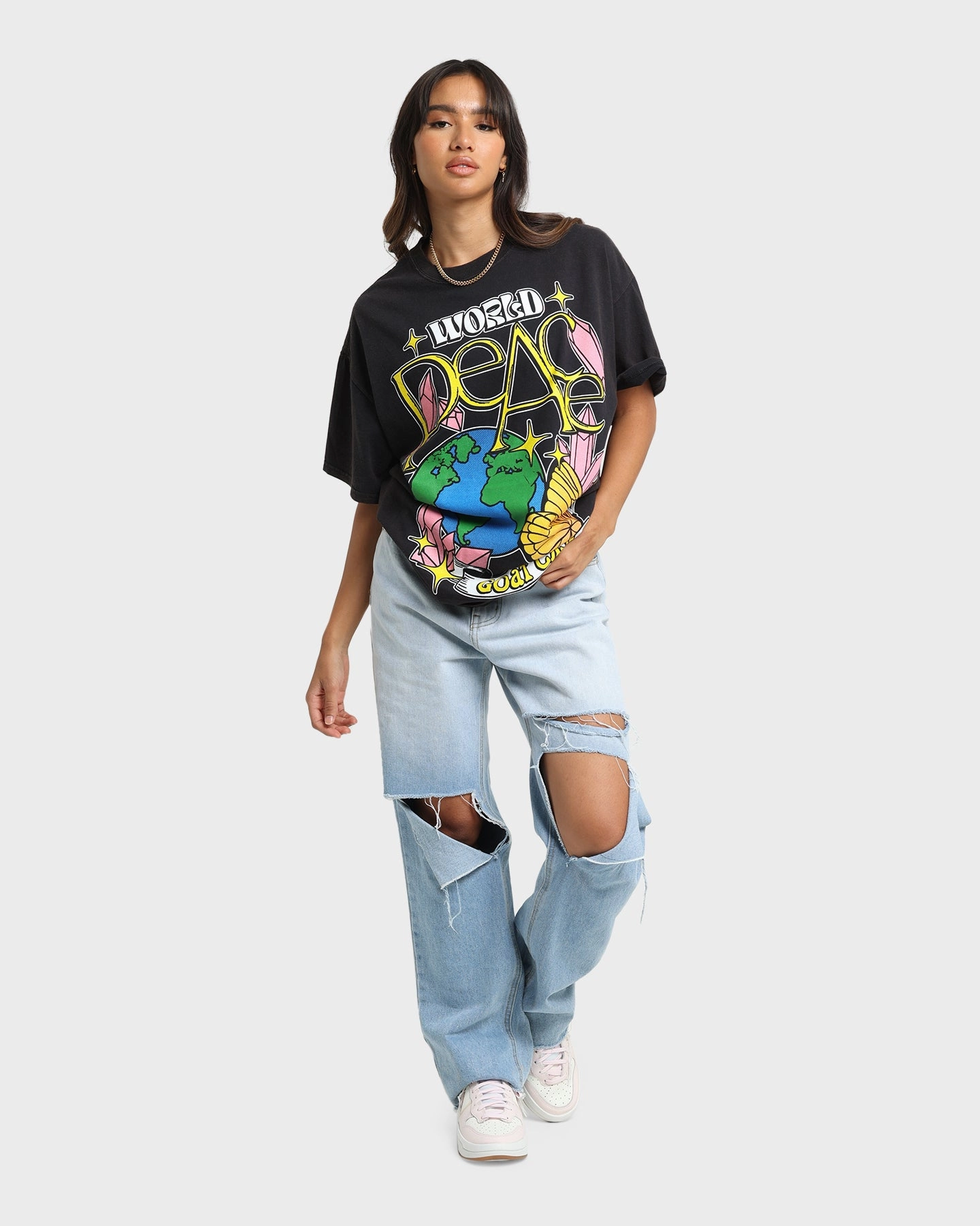 Light Style Trend Simple Fit Goat Crew World Peace Vintage T-Shirt Black Wash