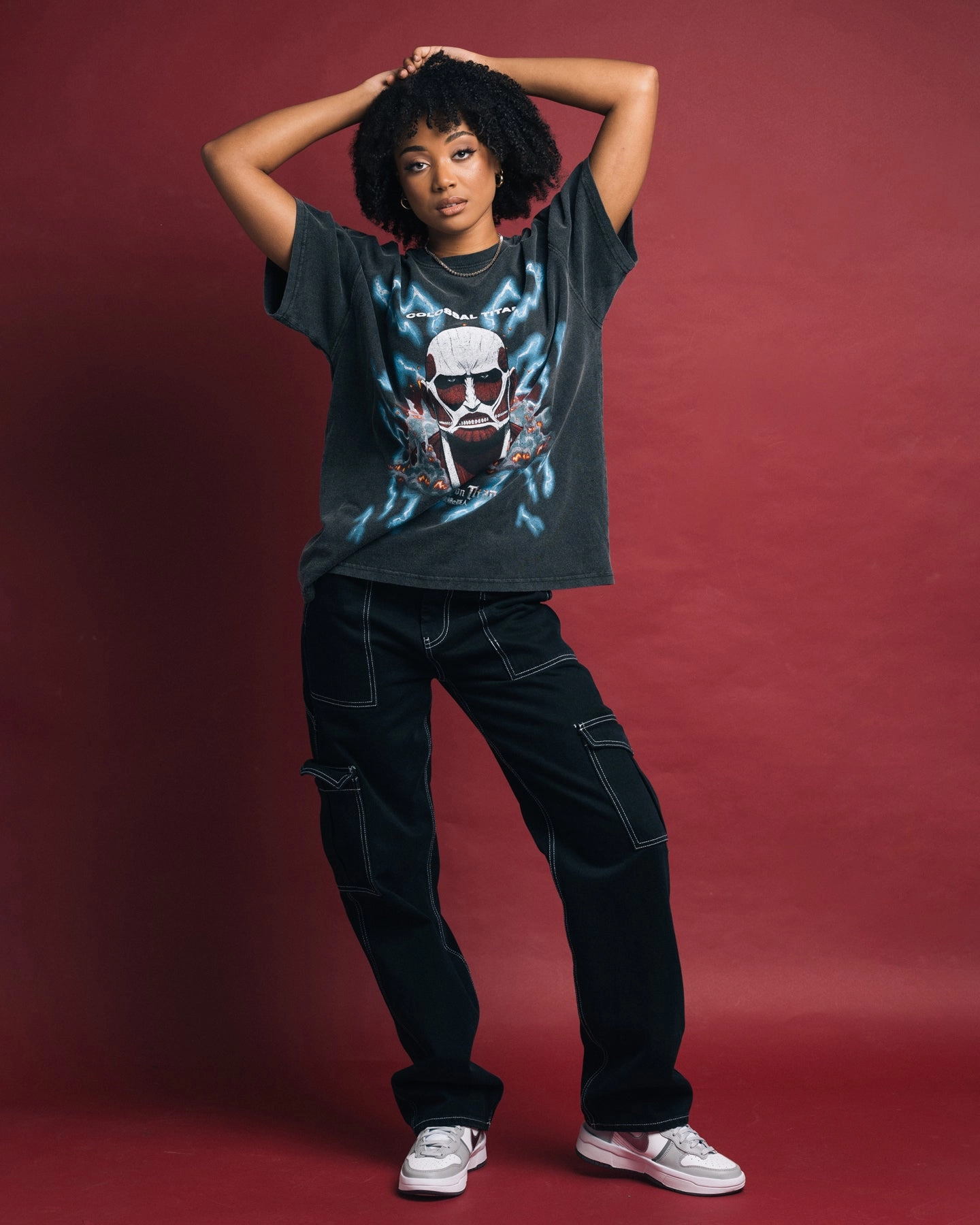 Raw Hem Finish Goat Crew X Attack On Titan Colossal Titan Vintage T-Shirt Vintage Black