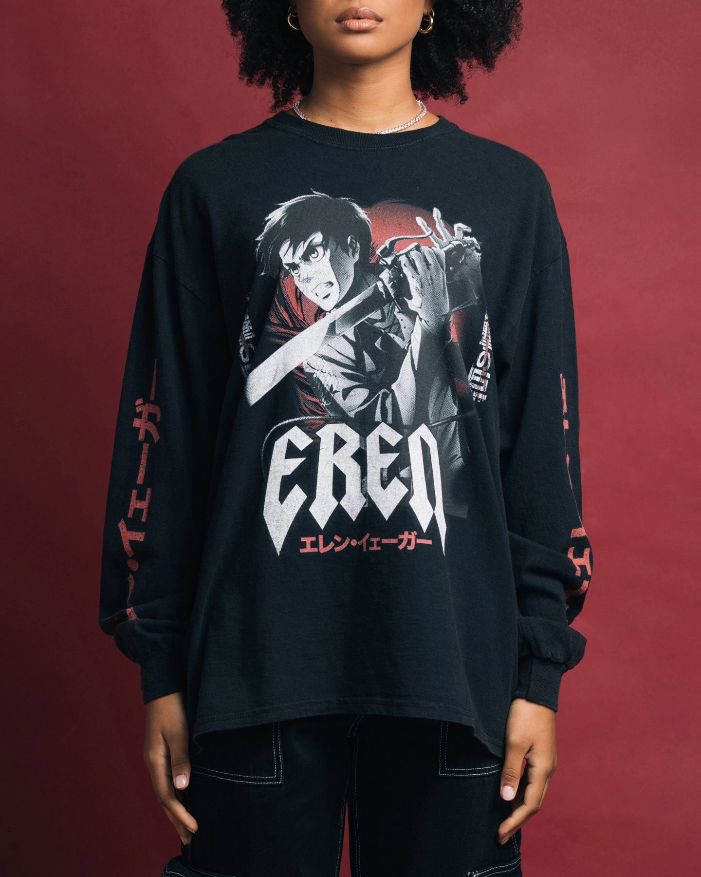 Goat Crew X Attack On Titan Eren Long Sleeve Vintage T-Shirt Black Wash Smooth Neckline Non Restrictive Cut