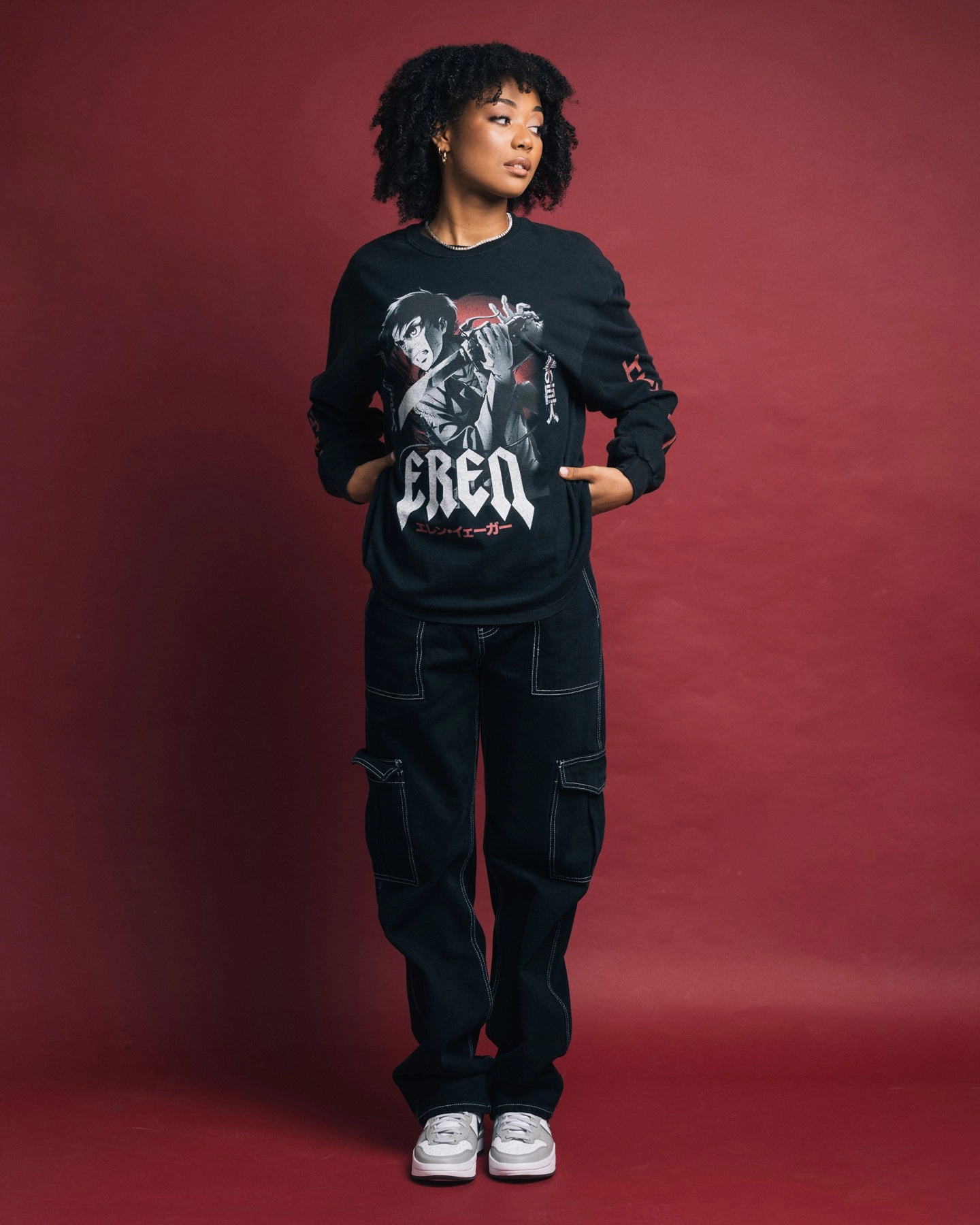 High Durability Weave Goat Crew X Attack On Titan Eren Long Sleeve Vintage T-Shirt Black Wash