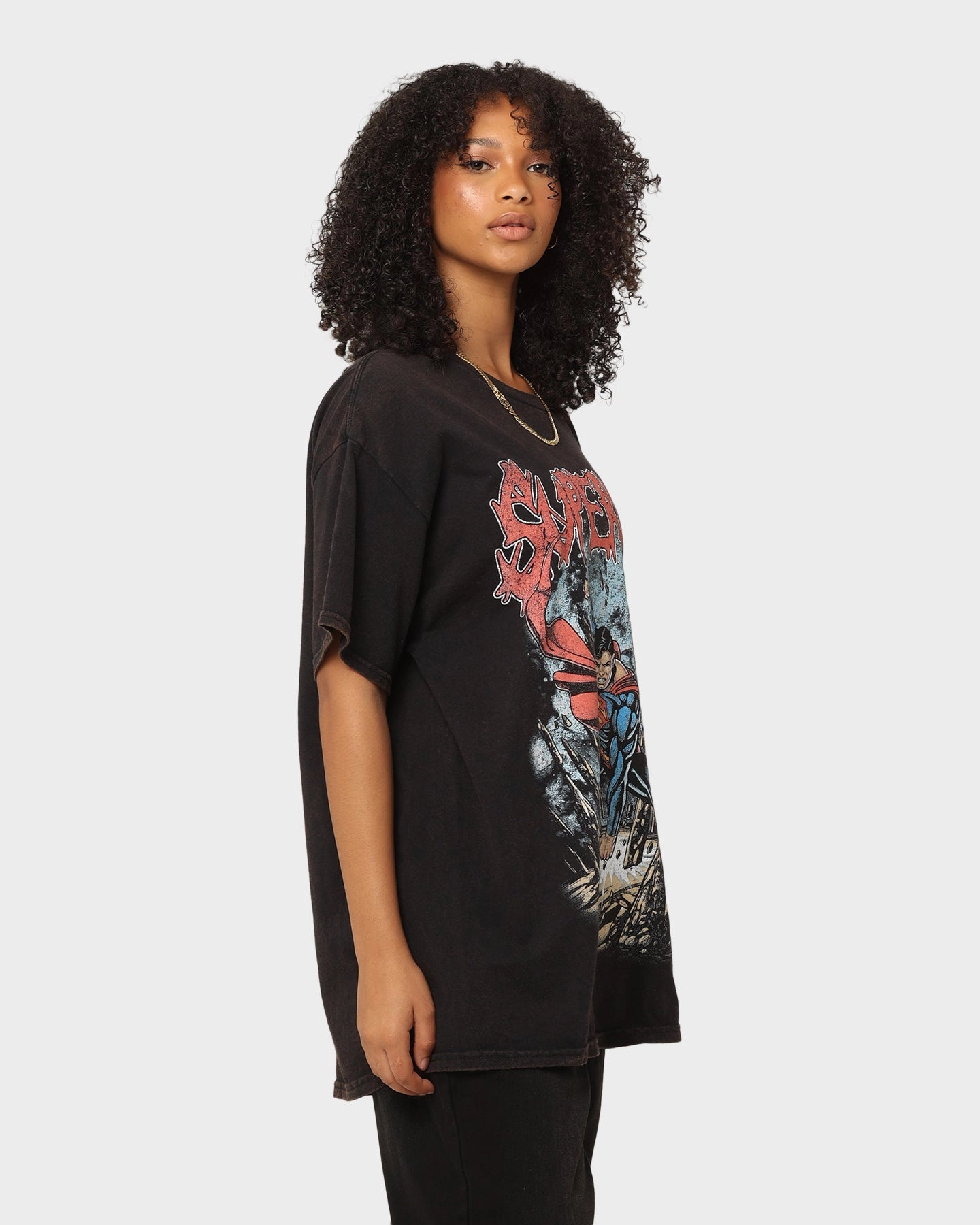 Fun and Comfortable Holiday Casual Goat Crew X DC Superman Metal Vintage T-Shirt Black Wash