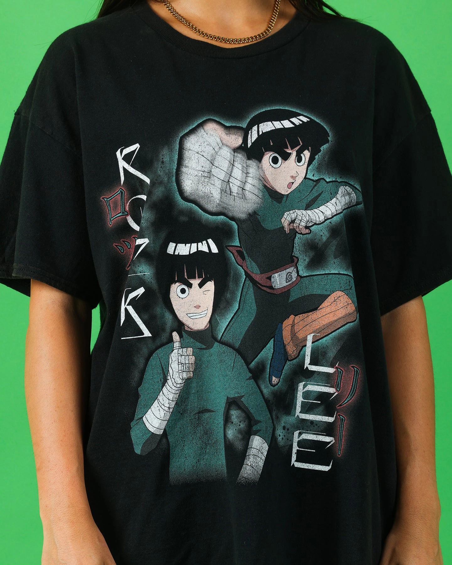 Goat Crew X Naruto Rock Lee Vintage T-Shirt Black Wash Stone Wash Process