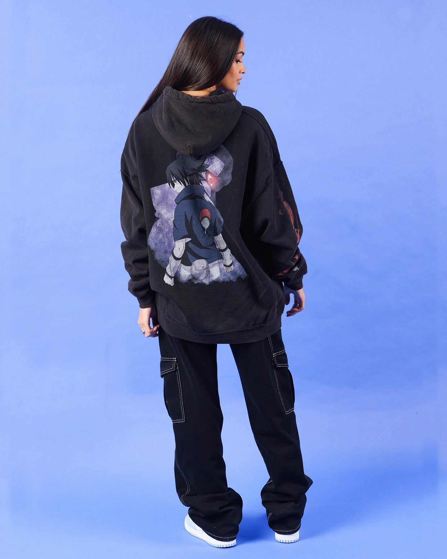 Simple and Relaxed Urban Trend Look Goat Crew X Naruto Uchiha Vintage Hoodie Black Wash