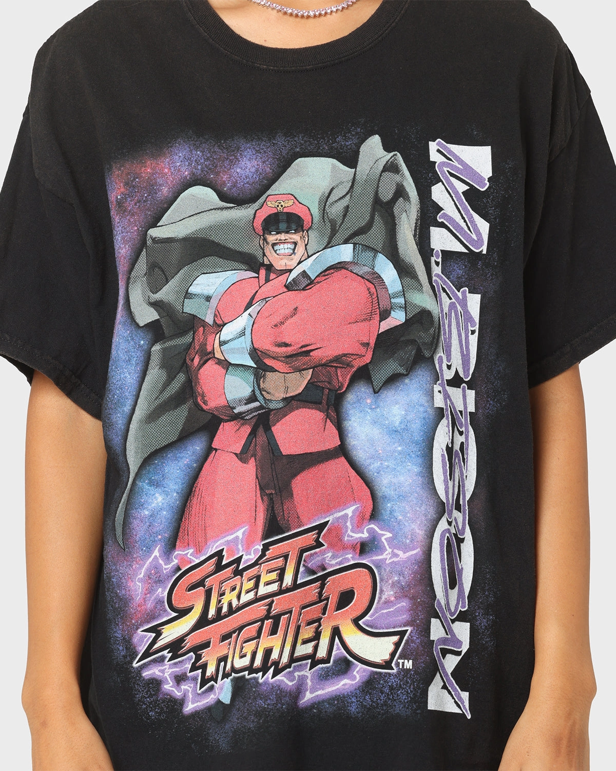 Goat Crew X Street Fighter M. Bison Vintage T-Shirt Black Wash Ribbed Collar Trim spring fashion