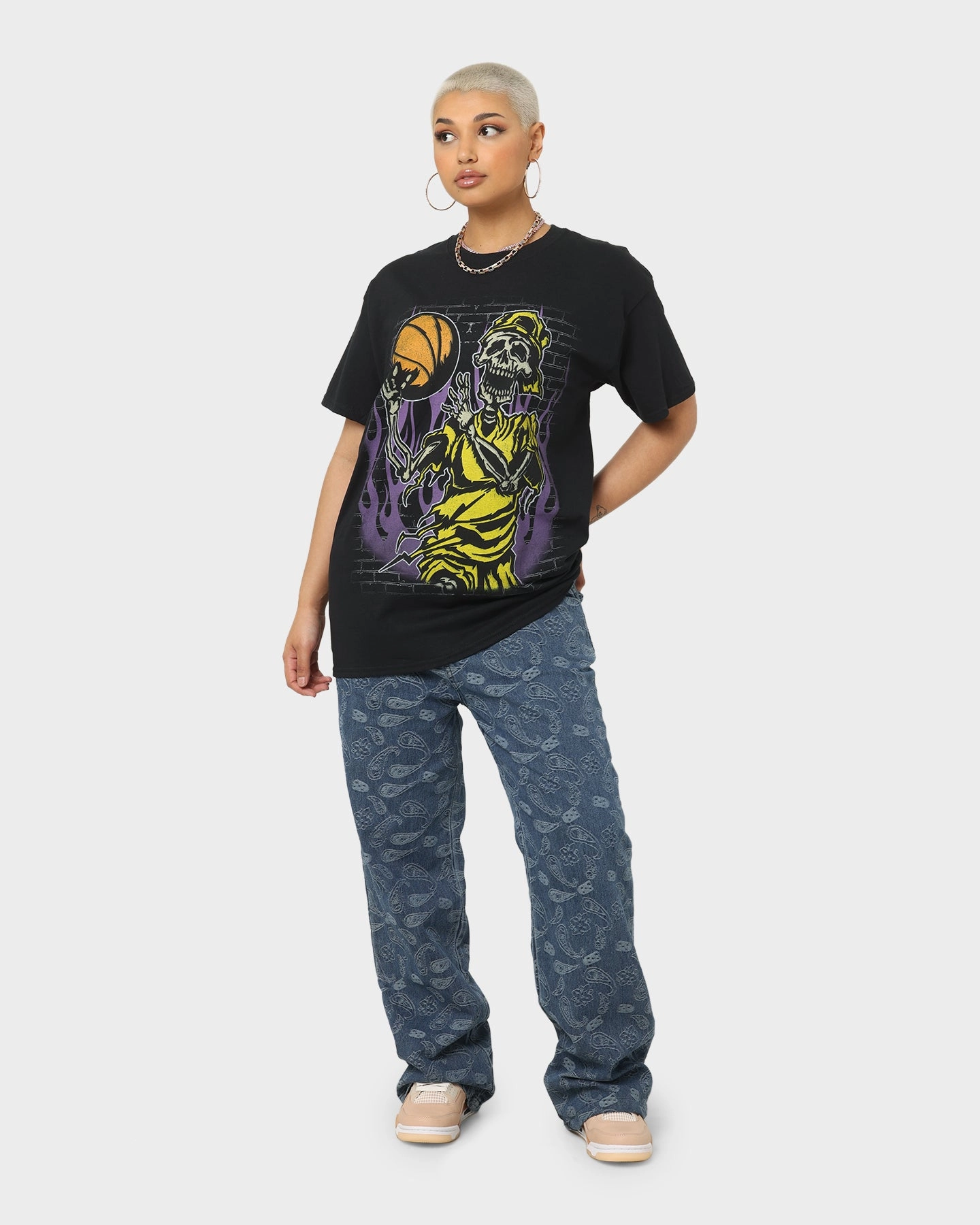 Non Irritating Collar Goat Crew Baller Skeleton T-Shirt Black