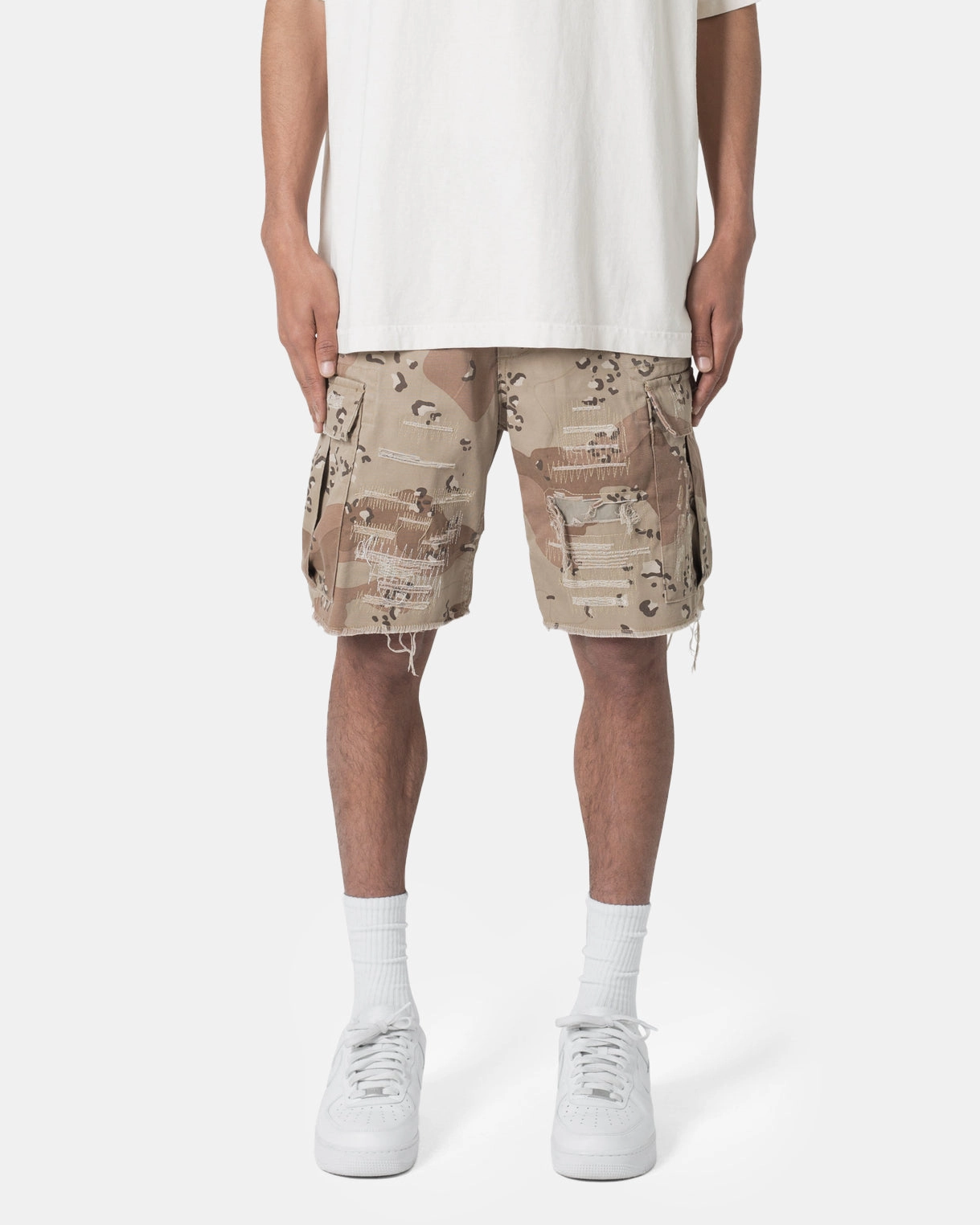 Ventilated Mesh Panels MNML Distressed Cargo Shorts Desert Camo