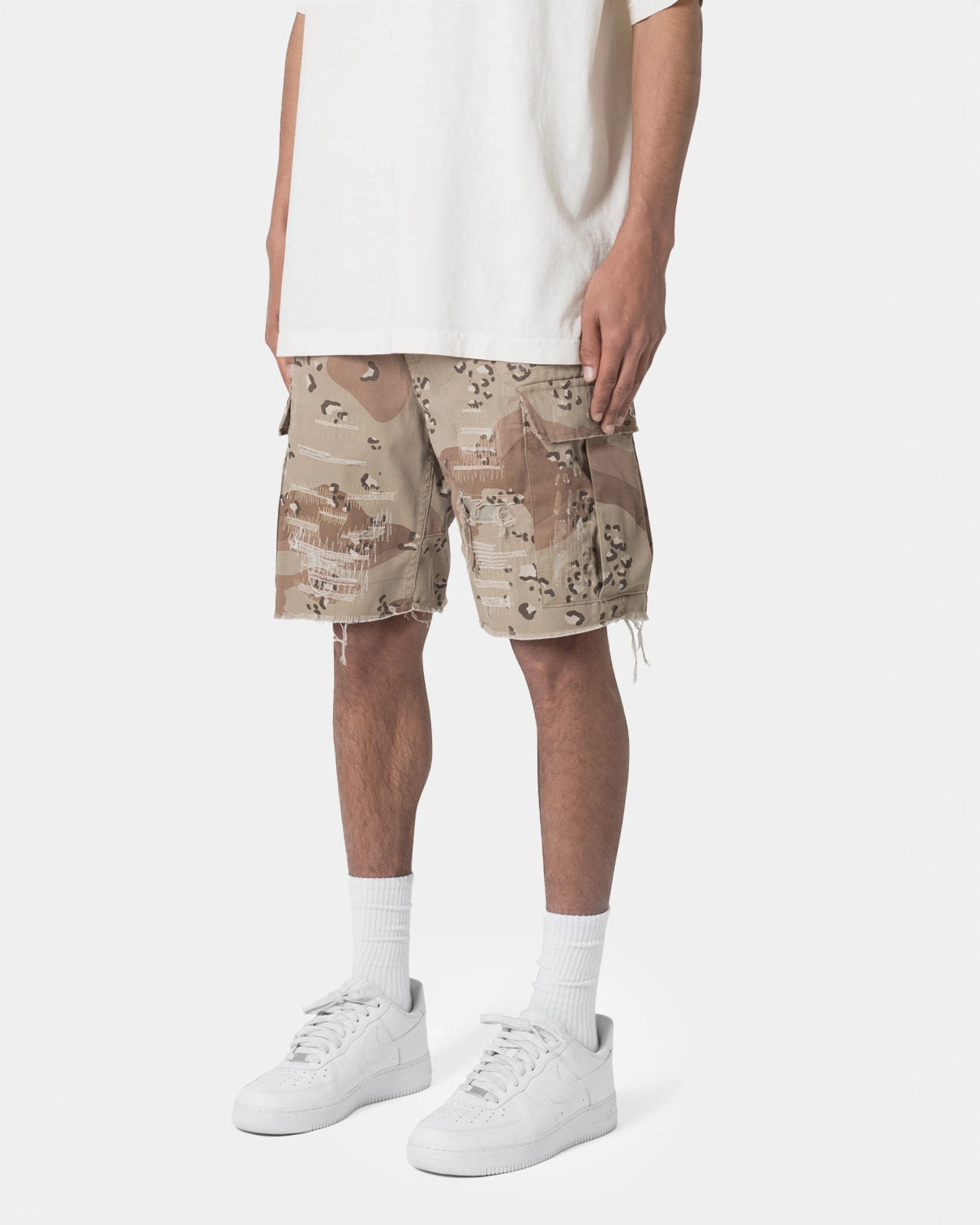 MNML Distressed Cargo Shorts Desert Camo Ventilated Back Panels