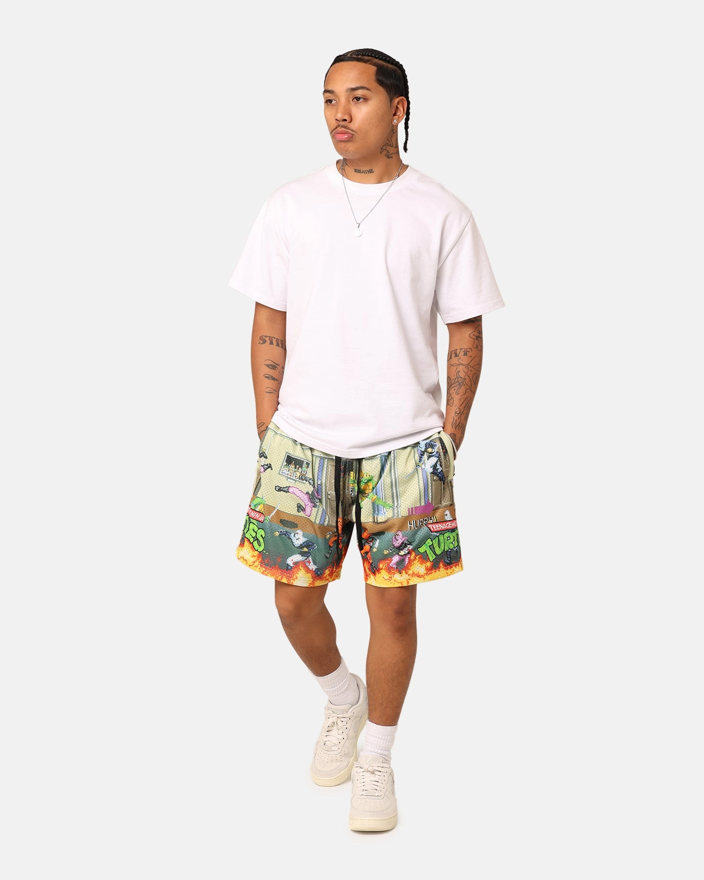 education industry Daily Essential American Thrift X Teenage Mutant Ninja Turtles Arcade Retro Mesh Shorts Tan/Multi