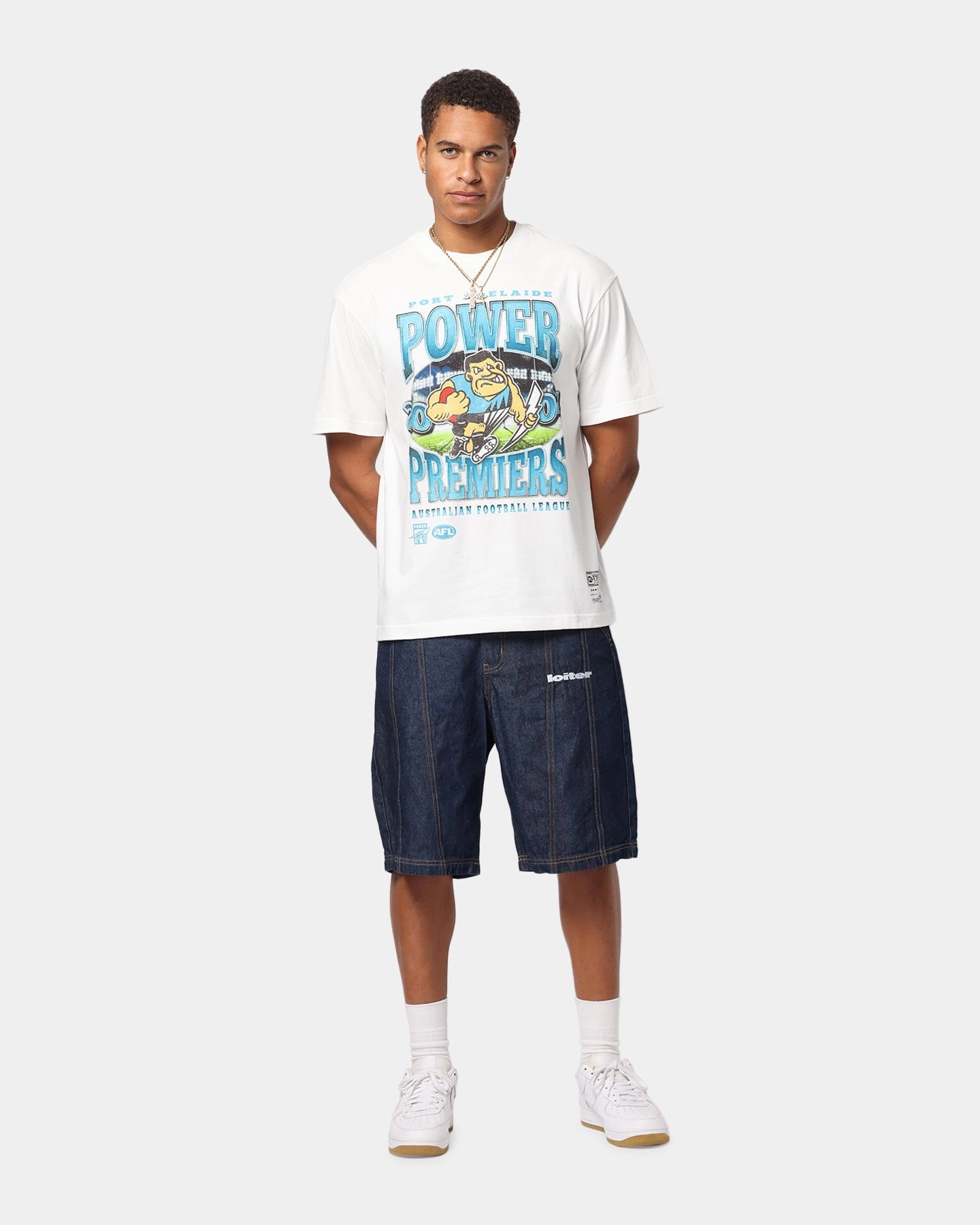 Mitchell & Ness Port Adelaide Power Mascot T-Shirt Vintage White Yarn Dyed Fabric Ribbed collar