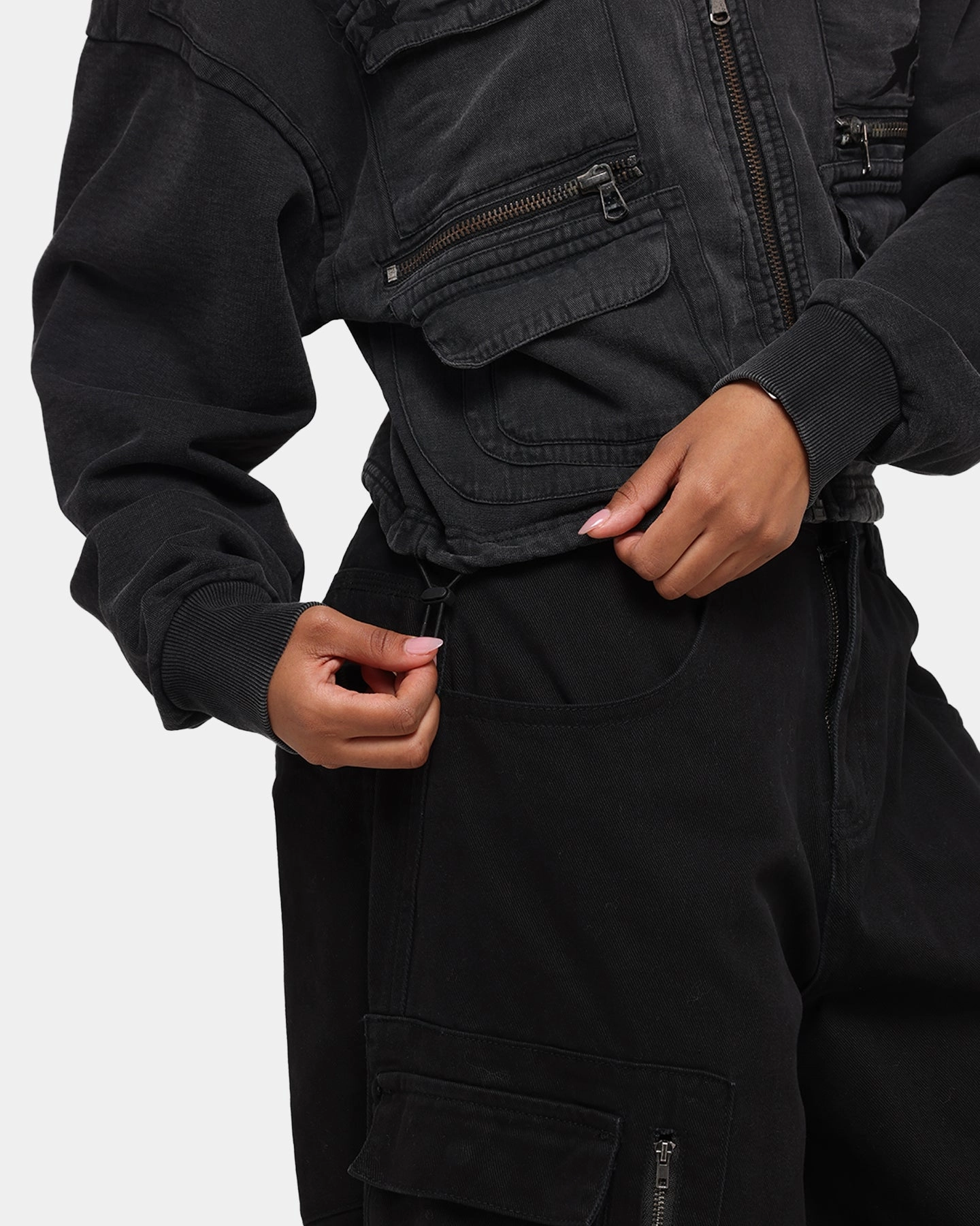 Loiter Women's Utility Cropped Hoodie Washed Black Button up pockets