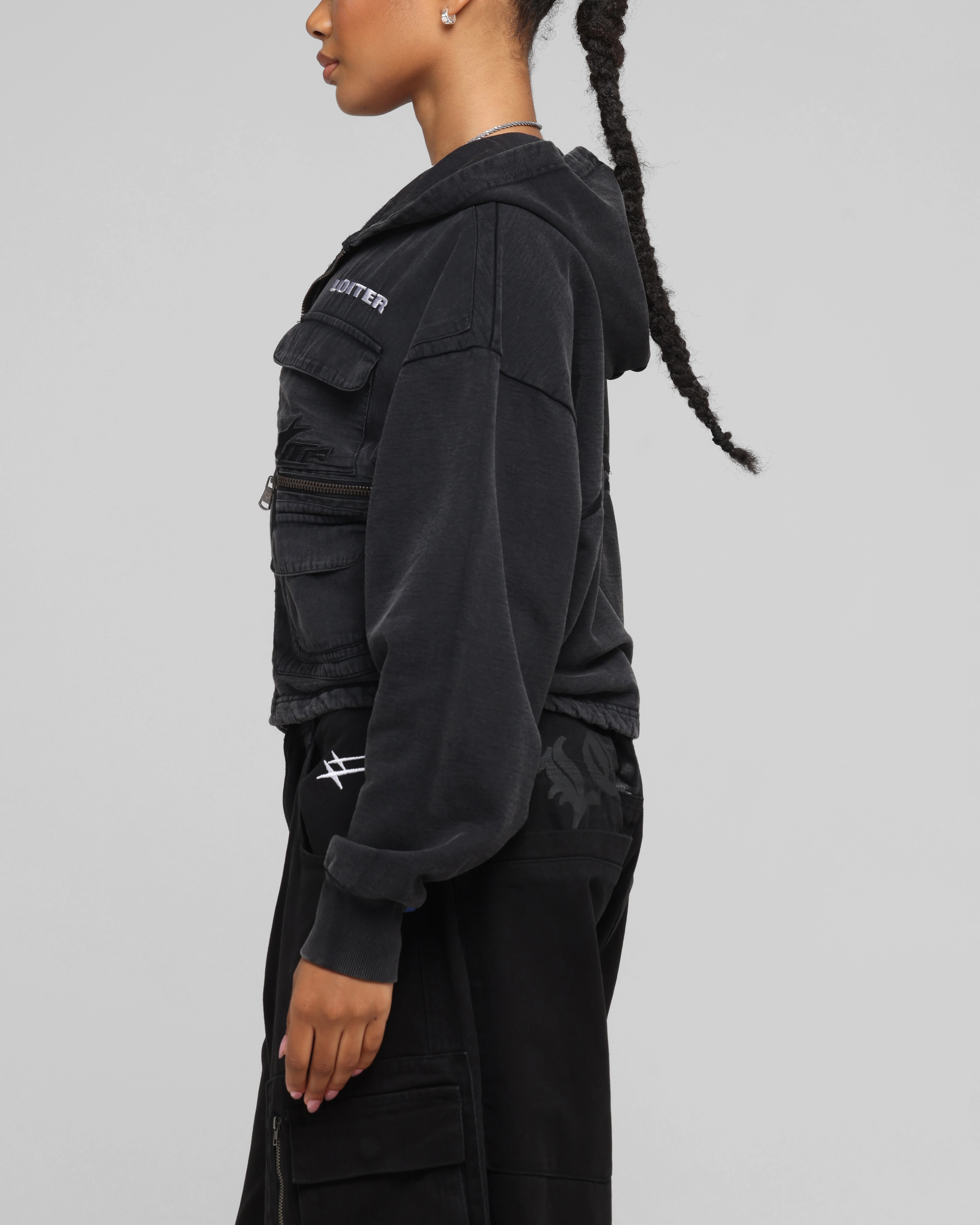 Premium Finish Loiter Women's Utility Cropped Hoodie Washed Black