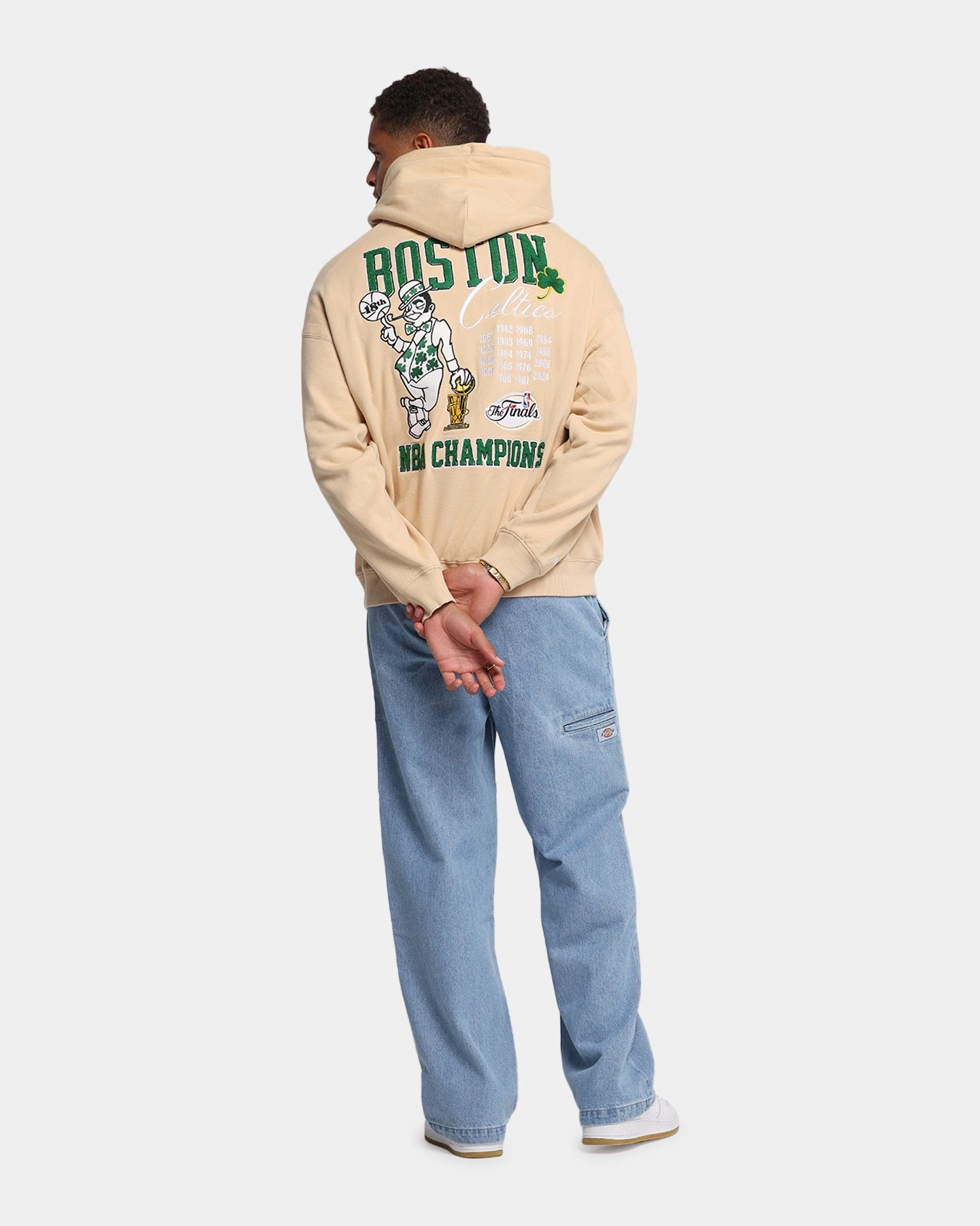 Faux Fur Trim Heavyweight Fabric Mitchell & Ness Boston Celtics National Champions Hoodie Pebble