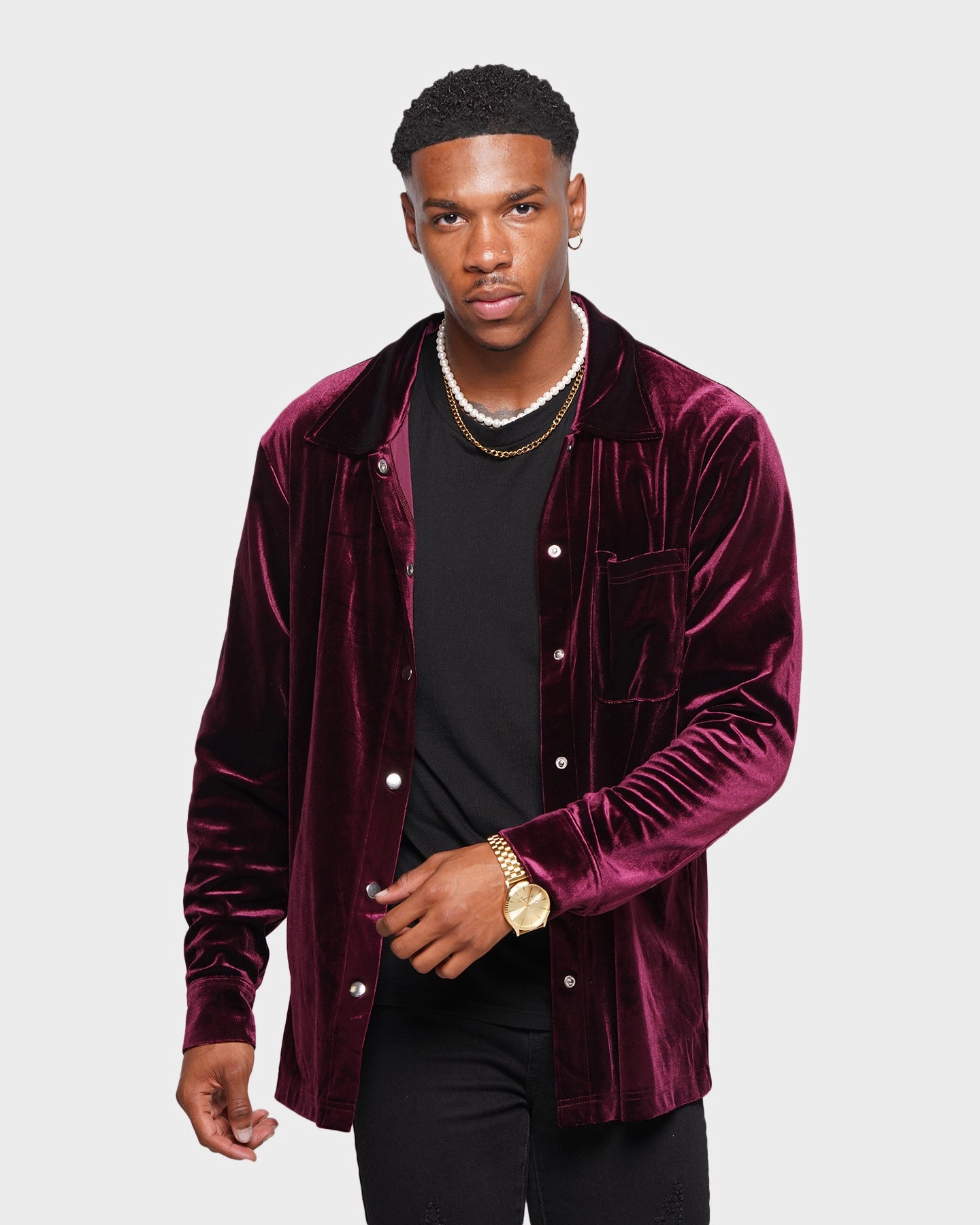 XXIII Uzair Velour Button Up Shirt Burgundy Benchmark