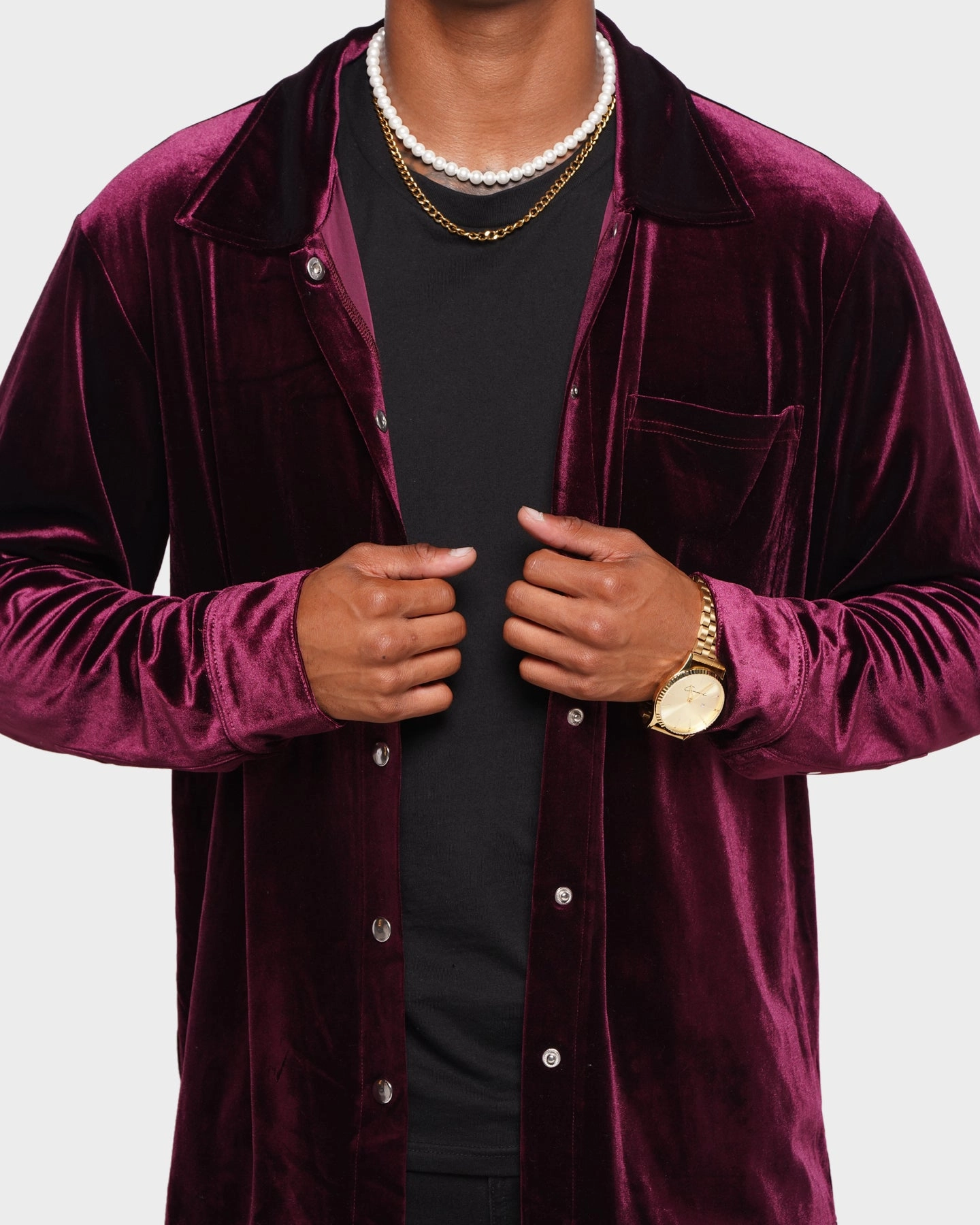 Perseverance XXIII Uzair Velour Button Up Shirt Burgundy