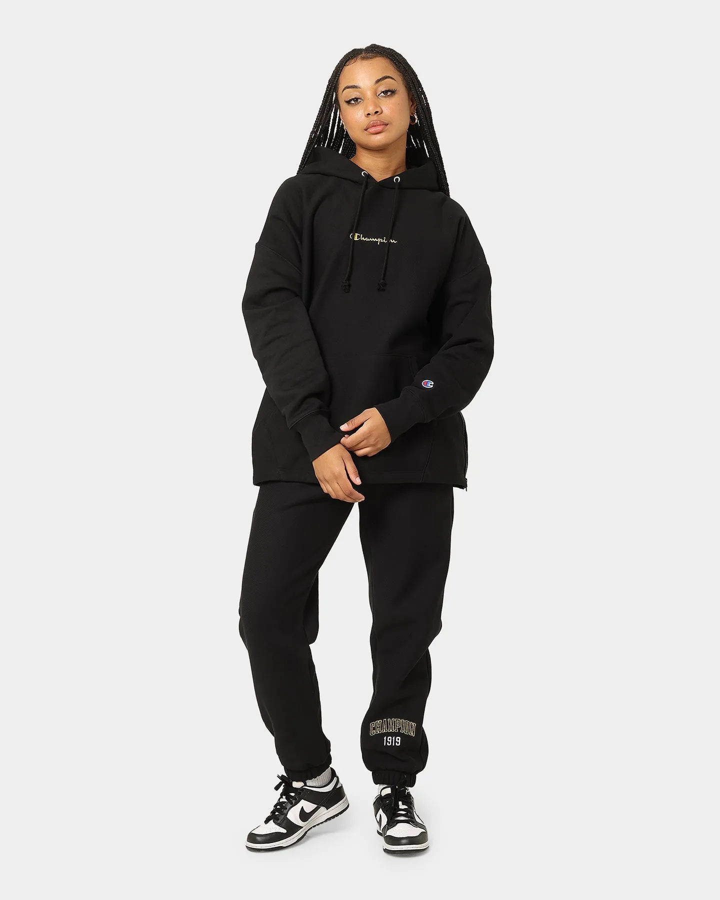 Champion Reverse Weave Relaxed Hem Zip Hoodie Black/Gold Adjustable Drawstring Waist Tie