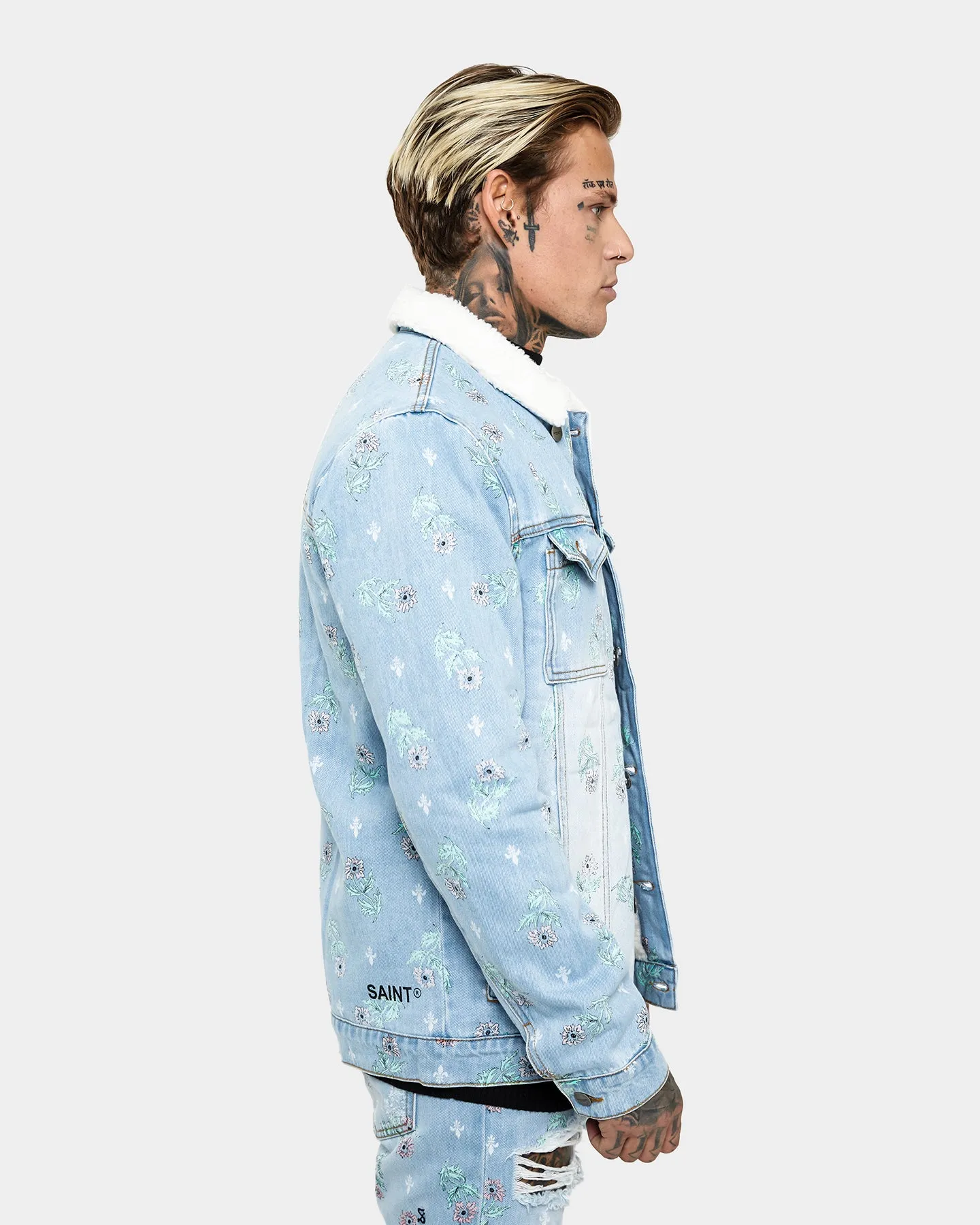 Adjustable Drawstrings Surprise Saint Morta Lover Denim Jacket Superwash Blue