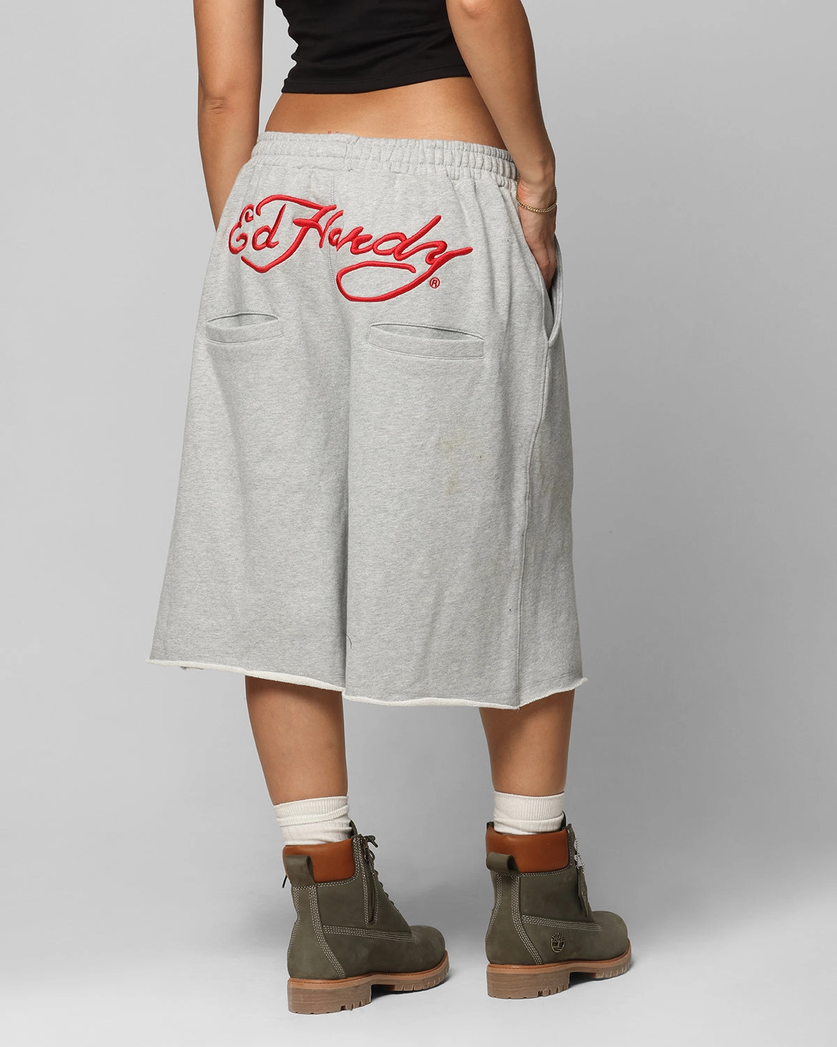 Ed Hardy Baggy Fleece Shorts Grey Marle Double Layered Knees snap closure
