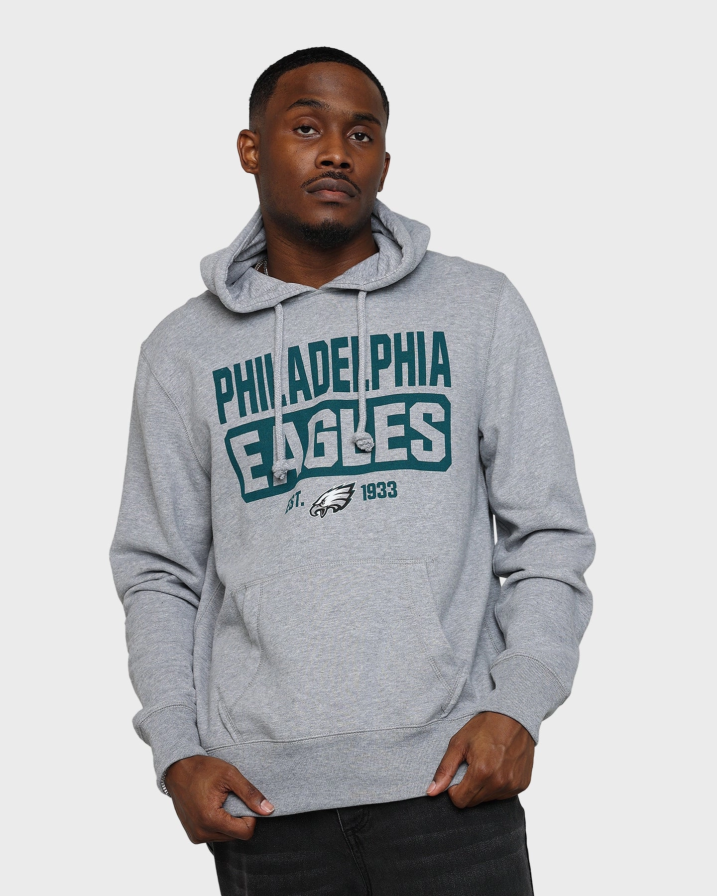 47 Brand Philadelphia Eagles Box Out Headline Hoodie Slate Grey Taped Zipper Closures