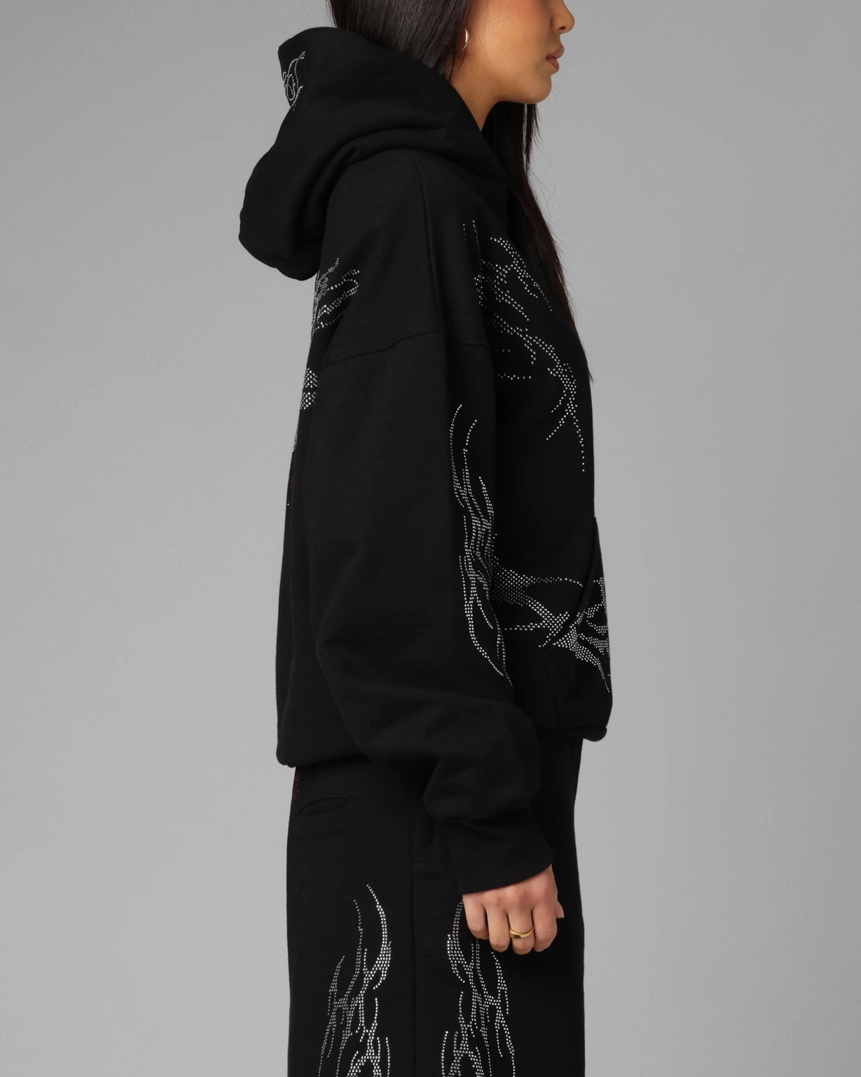 Motivate Loiter Opaque Rhinestone Premium Hoodie Black