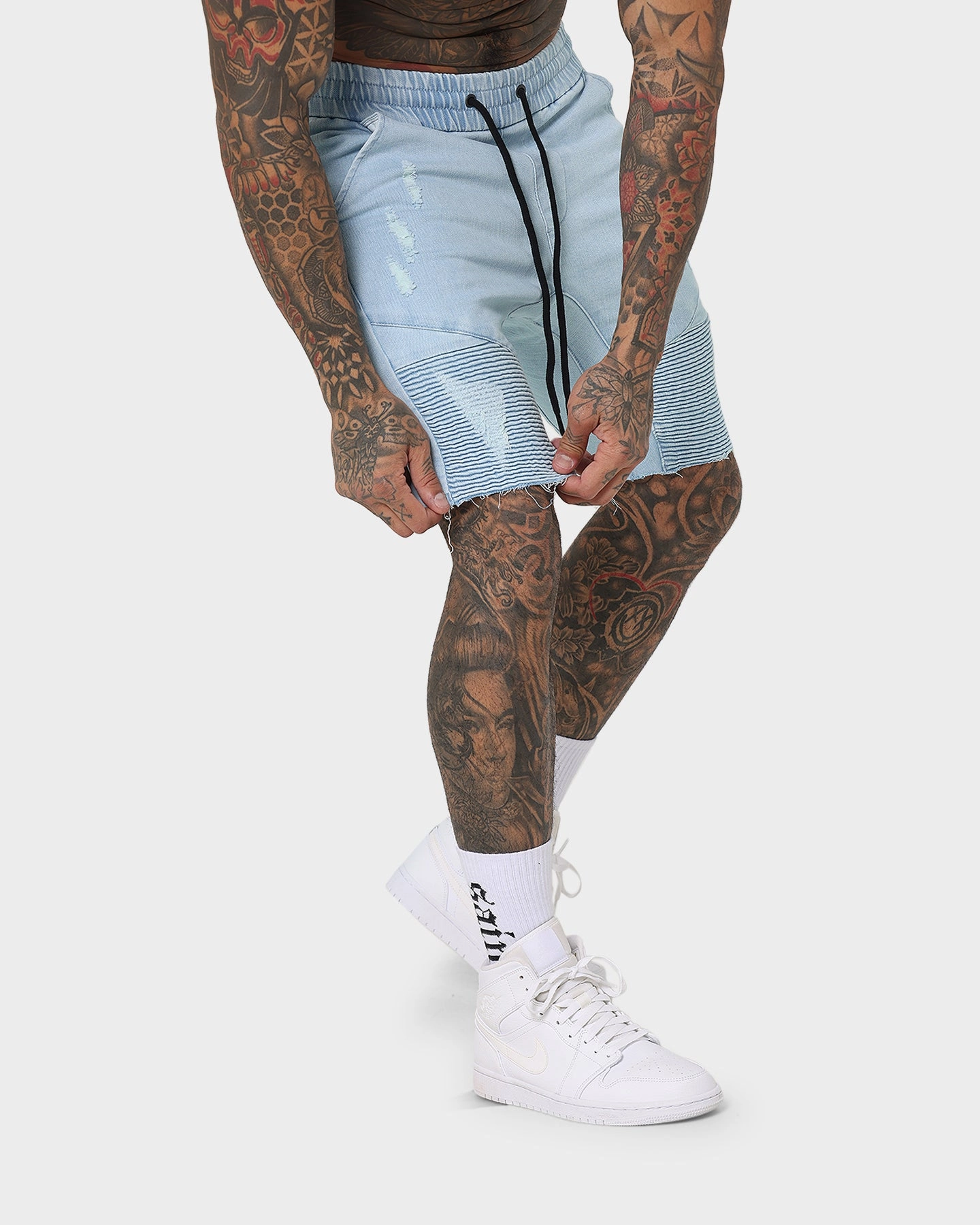 Soft Lining Saint Morta United Distressed Biker Shorts Light Blue