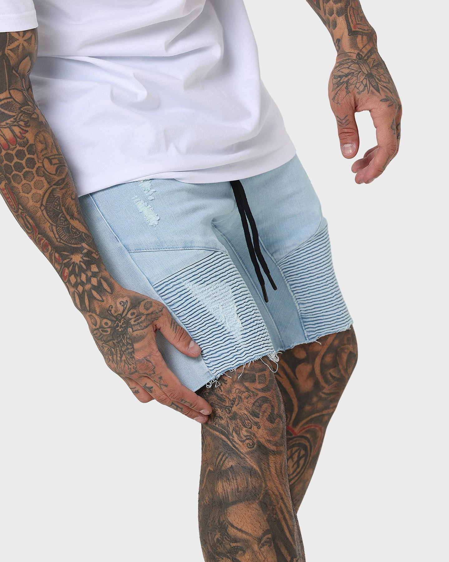Saint Morta United Distressed Biker Shorts Light Blue Seamless construction