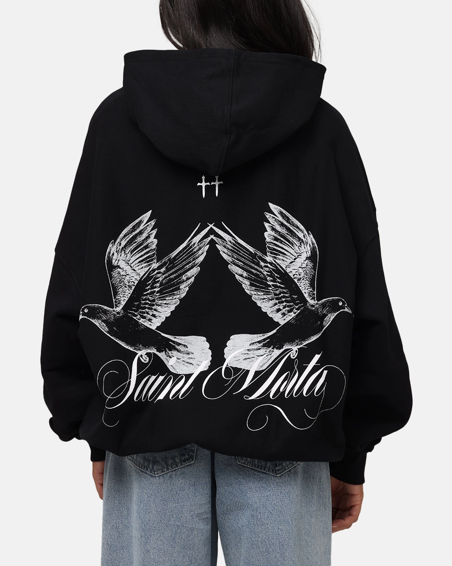 Saint Morta Doves Boxy Hoodie Black Mousse foldable