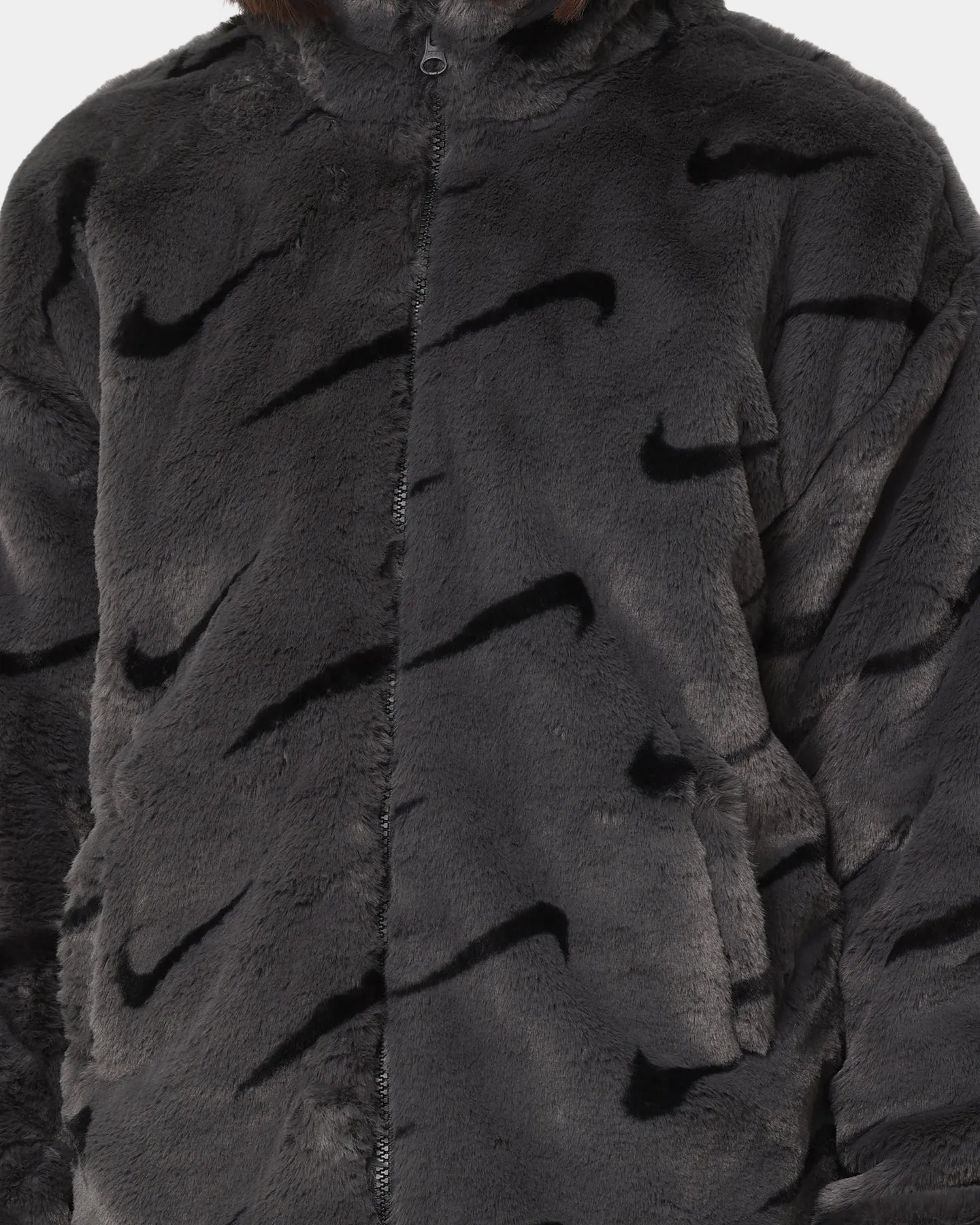 Foldable Collar Design Outdoor Active Nike Women's Nike Sportswear Faux Fur All Over Print Jacket Dark Smoke Grey/Black