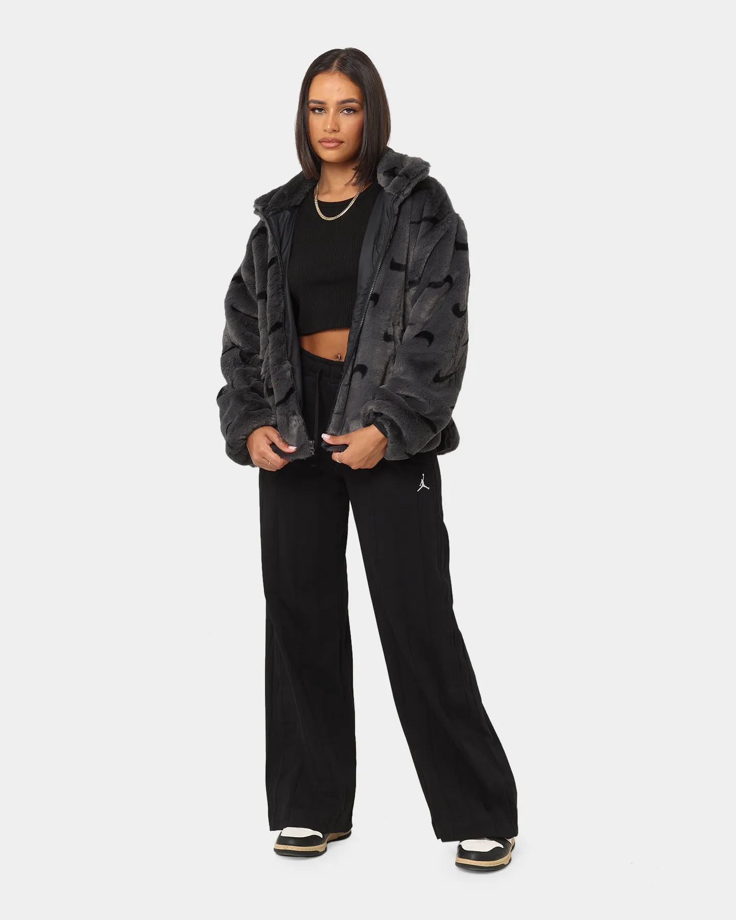 Nike Women's Nike Sportswear Faux Fur All Over Print Jacket Dark Smoke Grey/Black Weight Distribution System Practical Wear