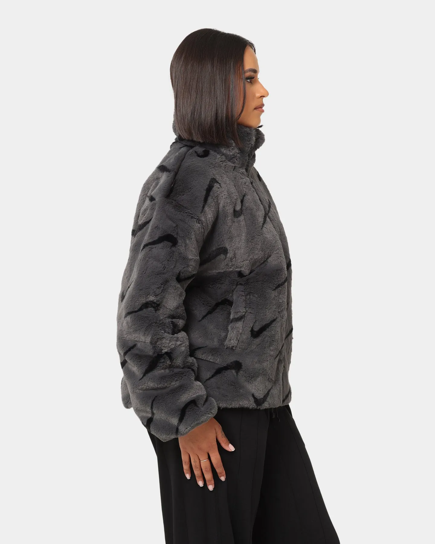 Nike Women's Nike Sportswear Faux Fur All Over Print Jacket Dark Smoke Grey/Black ReversibleStyle plus-size