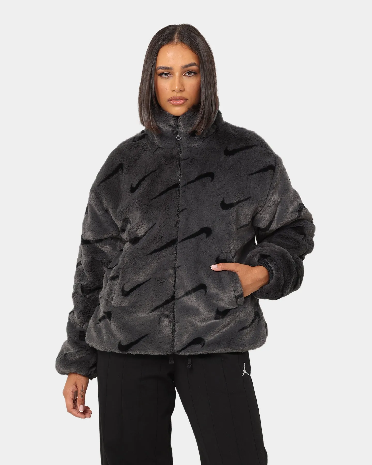 Nike Women's Nike Sportswear Faux Fur All Over Print Jacket Dark Smoke Grey/Black suitable for photography