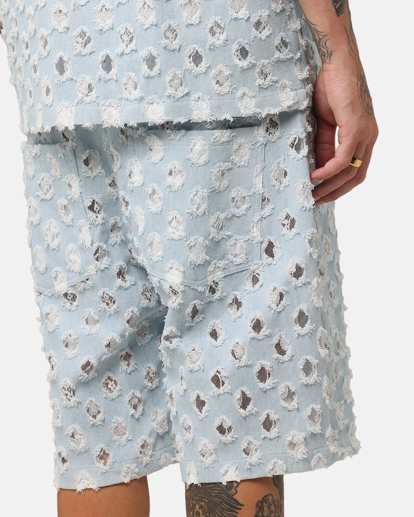 XXIII Lace Textured Denim Jorts Light Blue Tear Resistant Panels