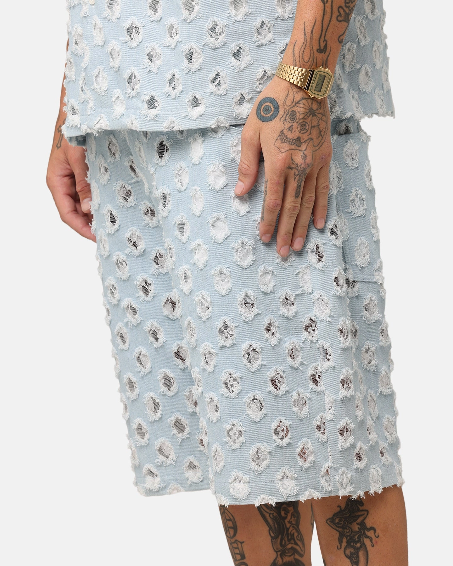 button fly Holiday Gift XXIII Lace Textured Denim Jorts Light Blue