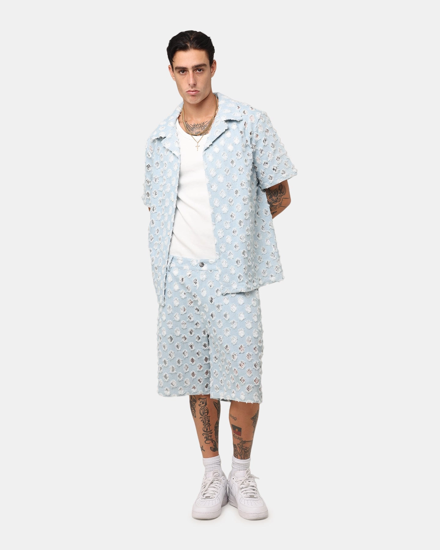 stain resistant coating XXIII Lace Textured Denim Jorts Light Blue