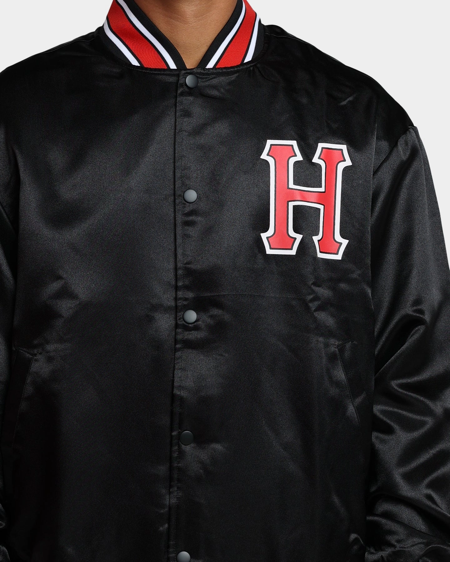 HUF Crackerjack Satin Baseball Jacket Black Portray Reinforced Shoulder Panels