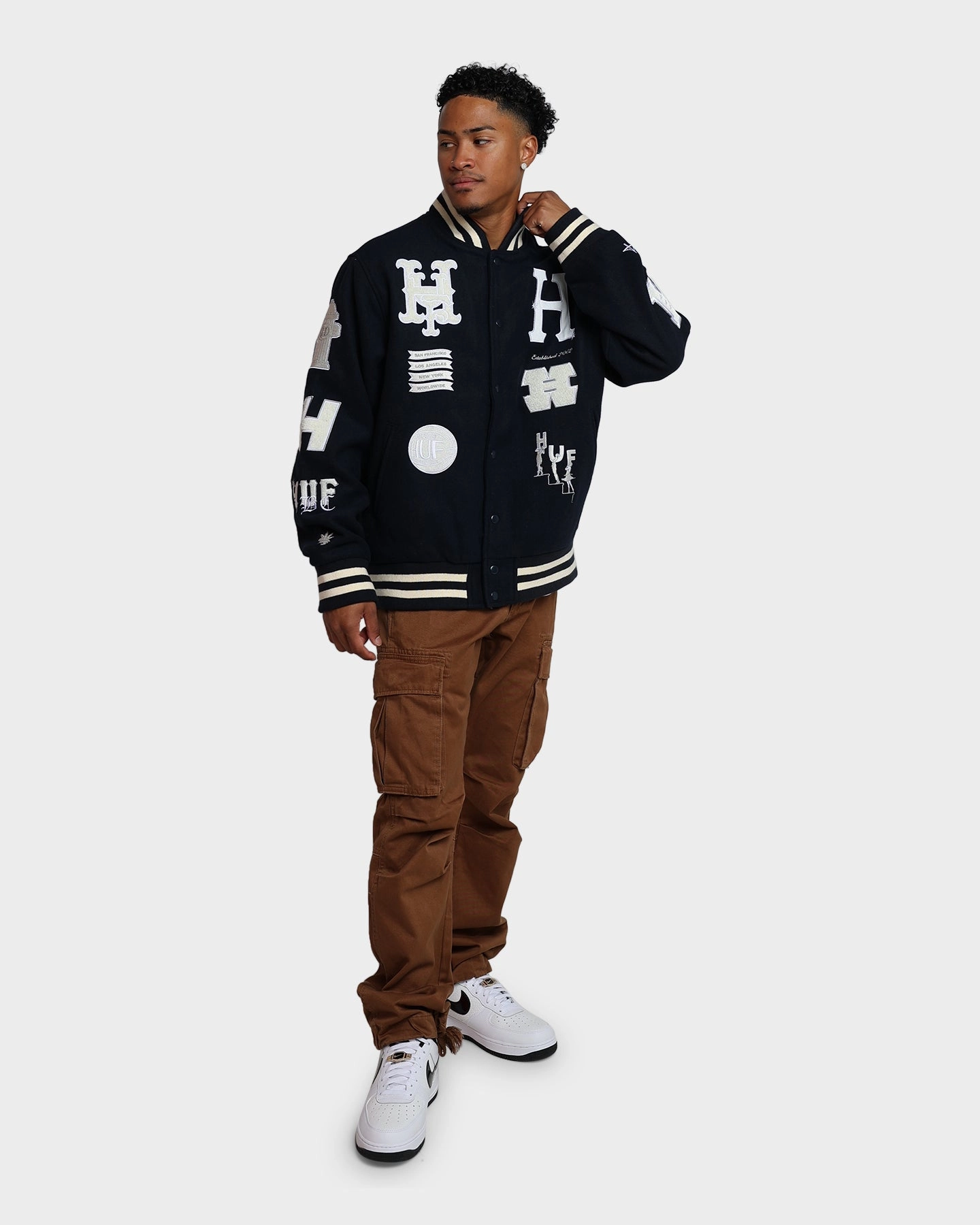 Lockdown Hood Toggle Adjustable Wear HUF 20 Year Classic H Varsity Jacket Navy