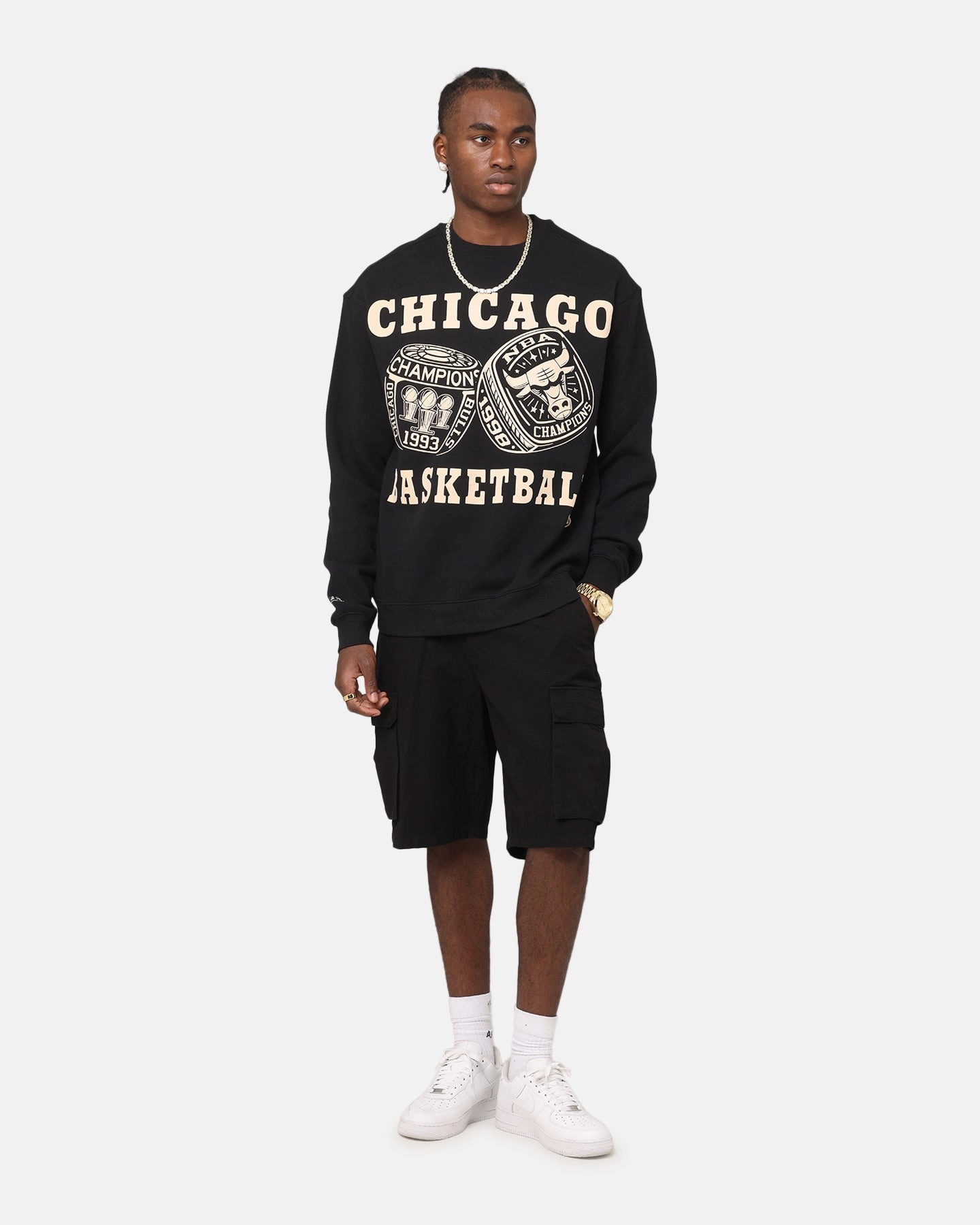 Fashion Knit Relaxed Outfit Mitchell & Ness Chicago Bulls Rings Crewneck Black